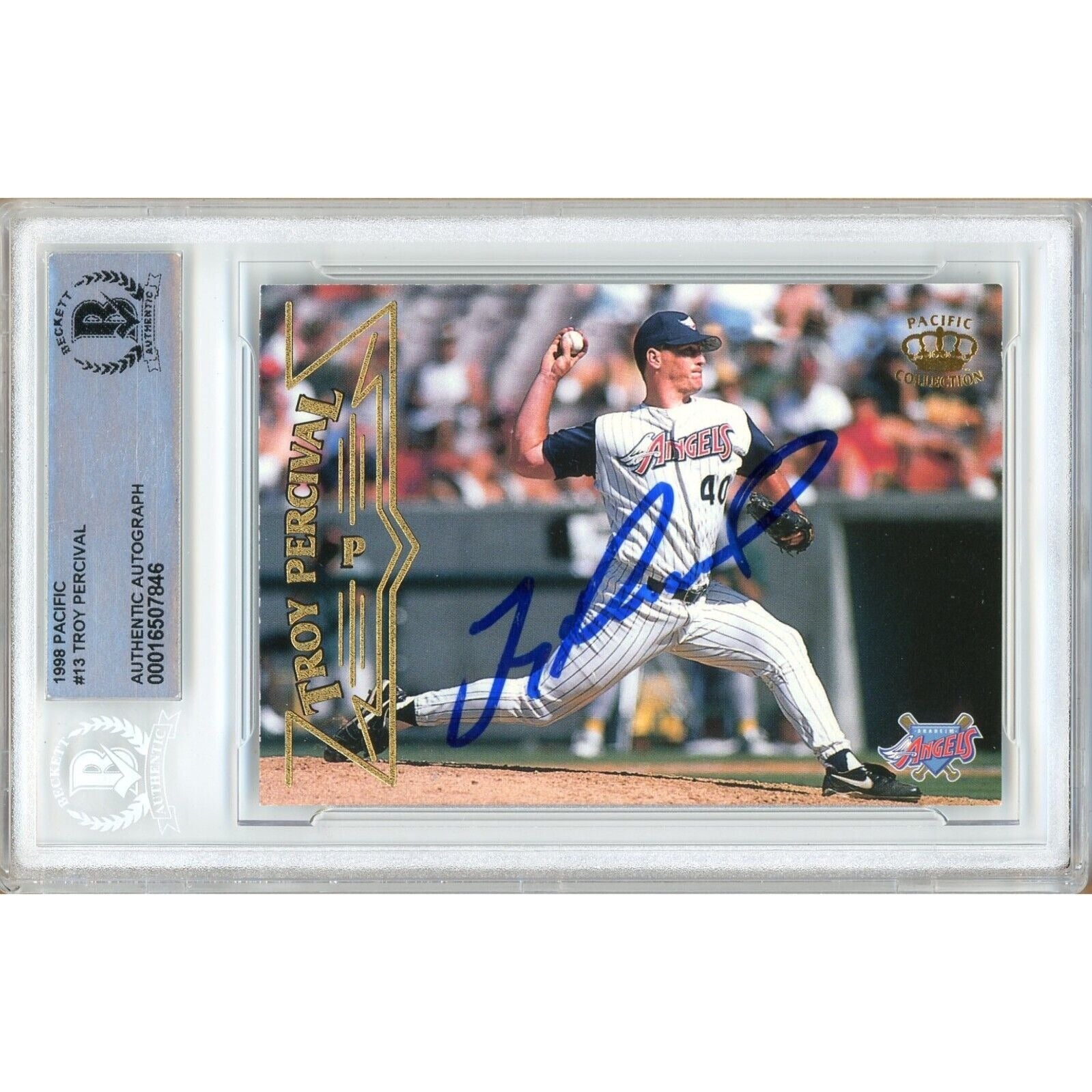 Troy Percival Anaheim Angels autographed trading card – full view – Beckett COA