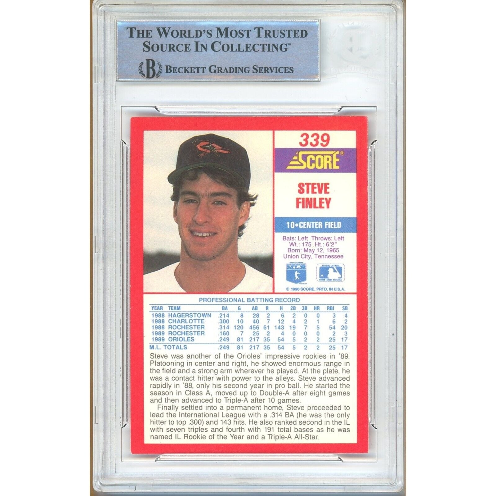 Steve Finley Baltimore Orioles signed trading card – signature close-up – Beckett COA