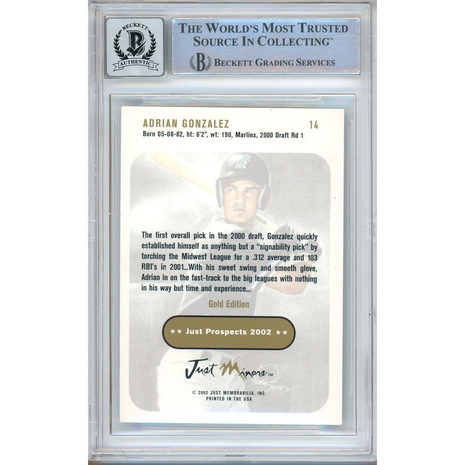 Adrian Gonzalez Just Prospects Signed Trading Card Beckett BAS