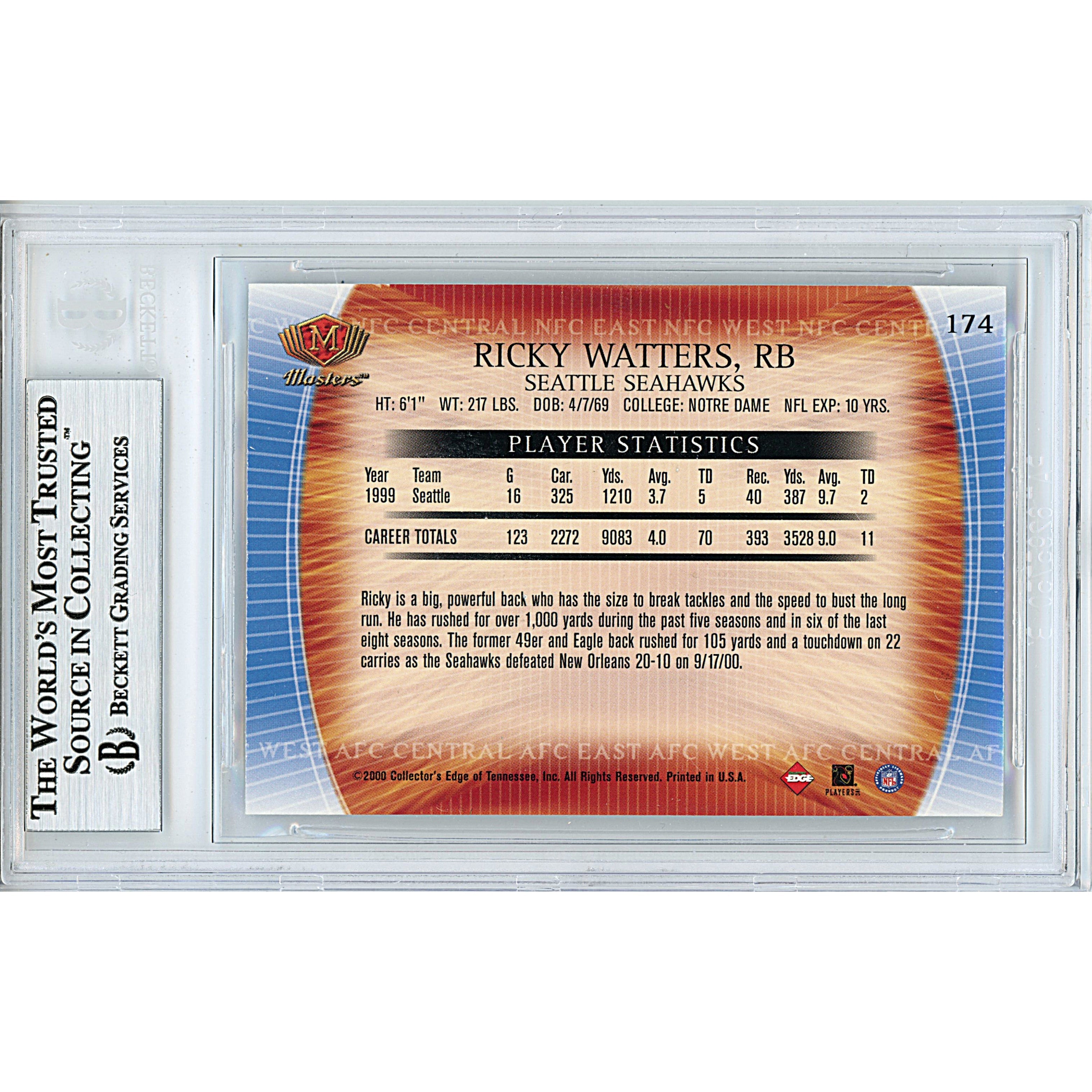 Ricky Watters Signed Seattle Seahawks Trading Card Beckett BAS