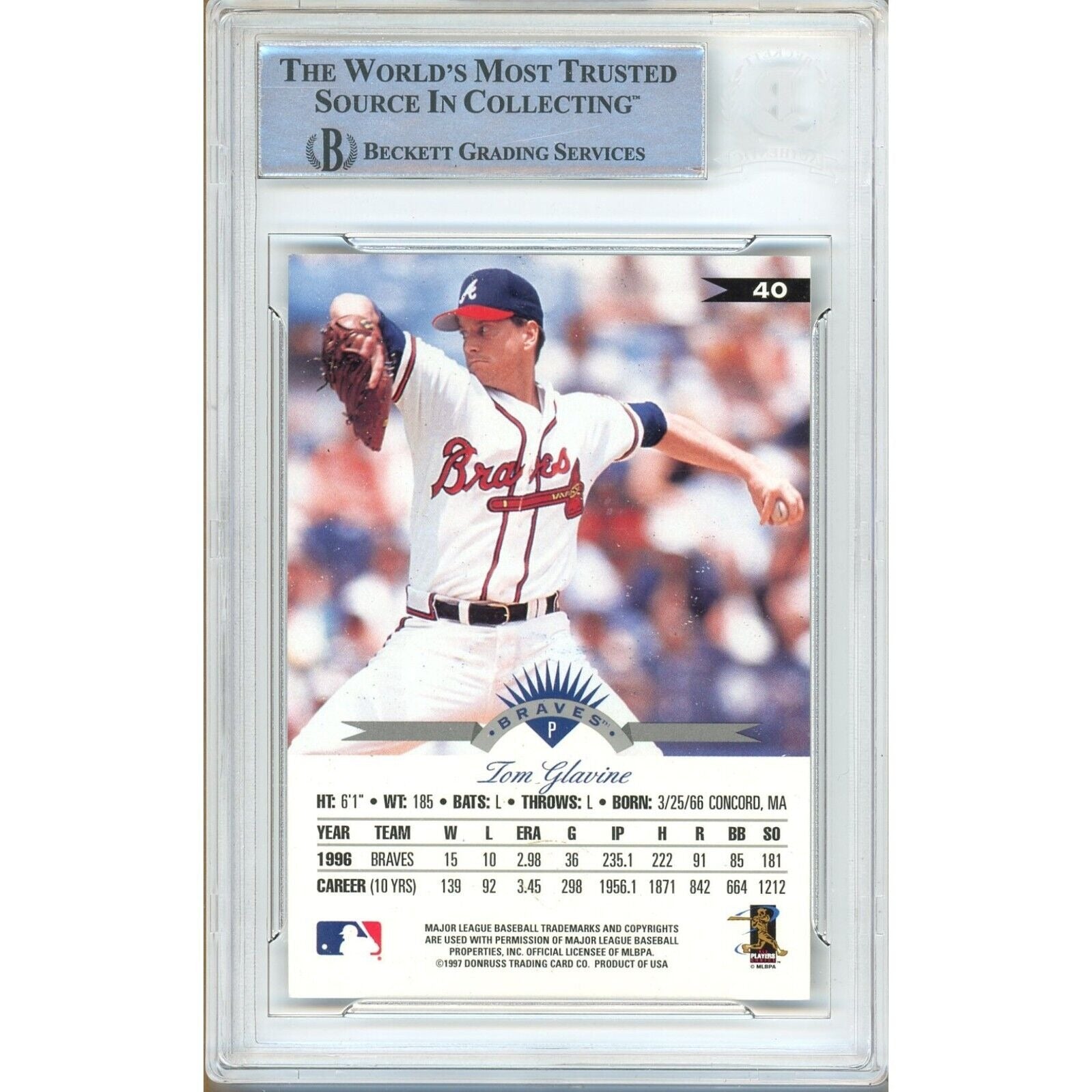 Tom Glavine Atlanta Braves signed trading card – signature close-up – Beckett COA