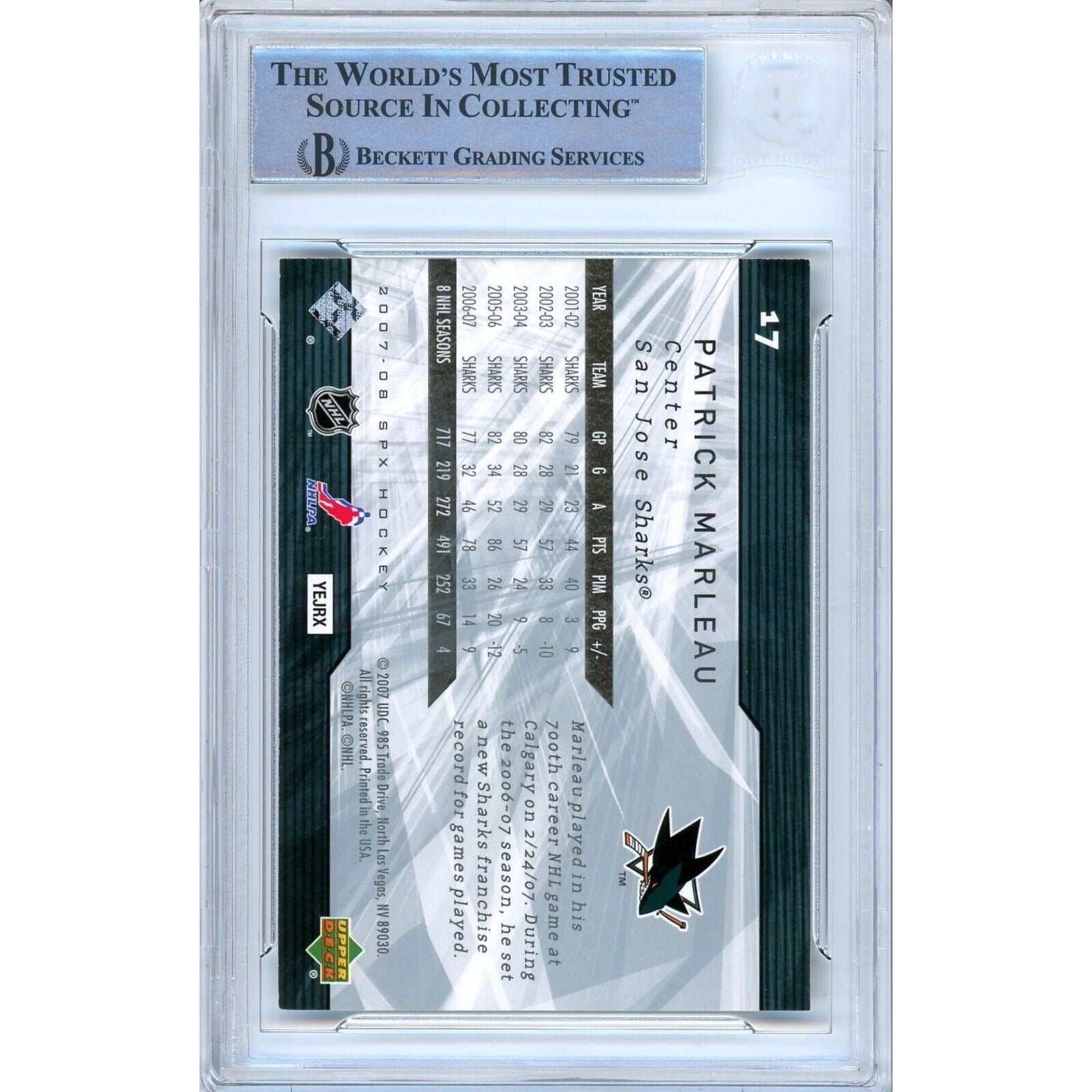 Patrick Marleau San Jose Sharks trading card autograph – angled display – Beckett COA