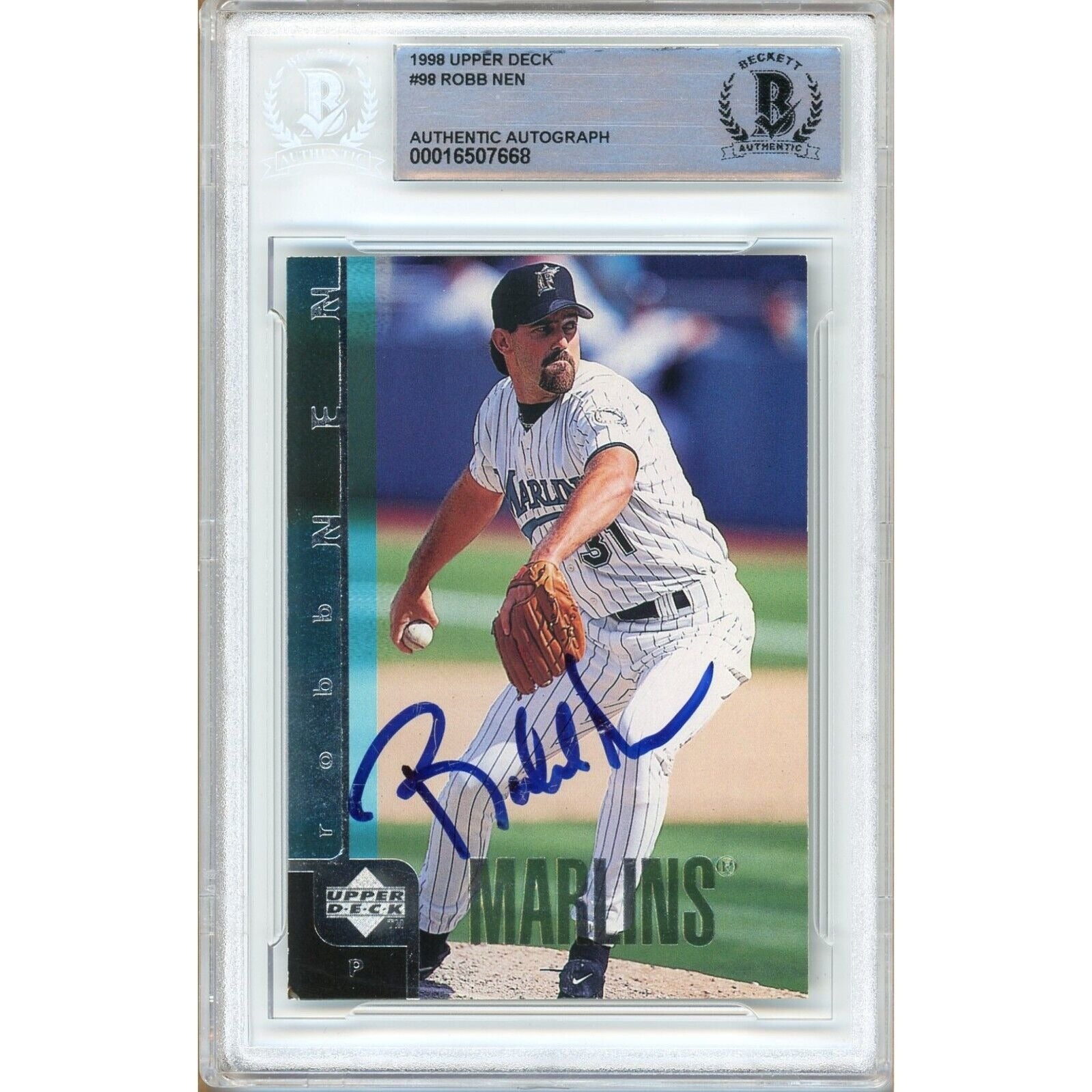 Robb Nen Florida Marlins autographed trading card – full view – Beckett COA