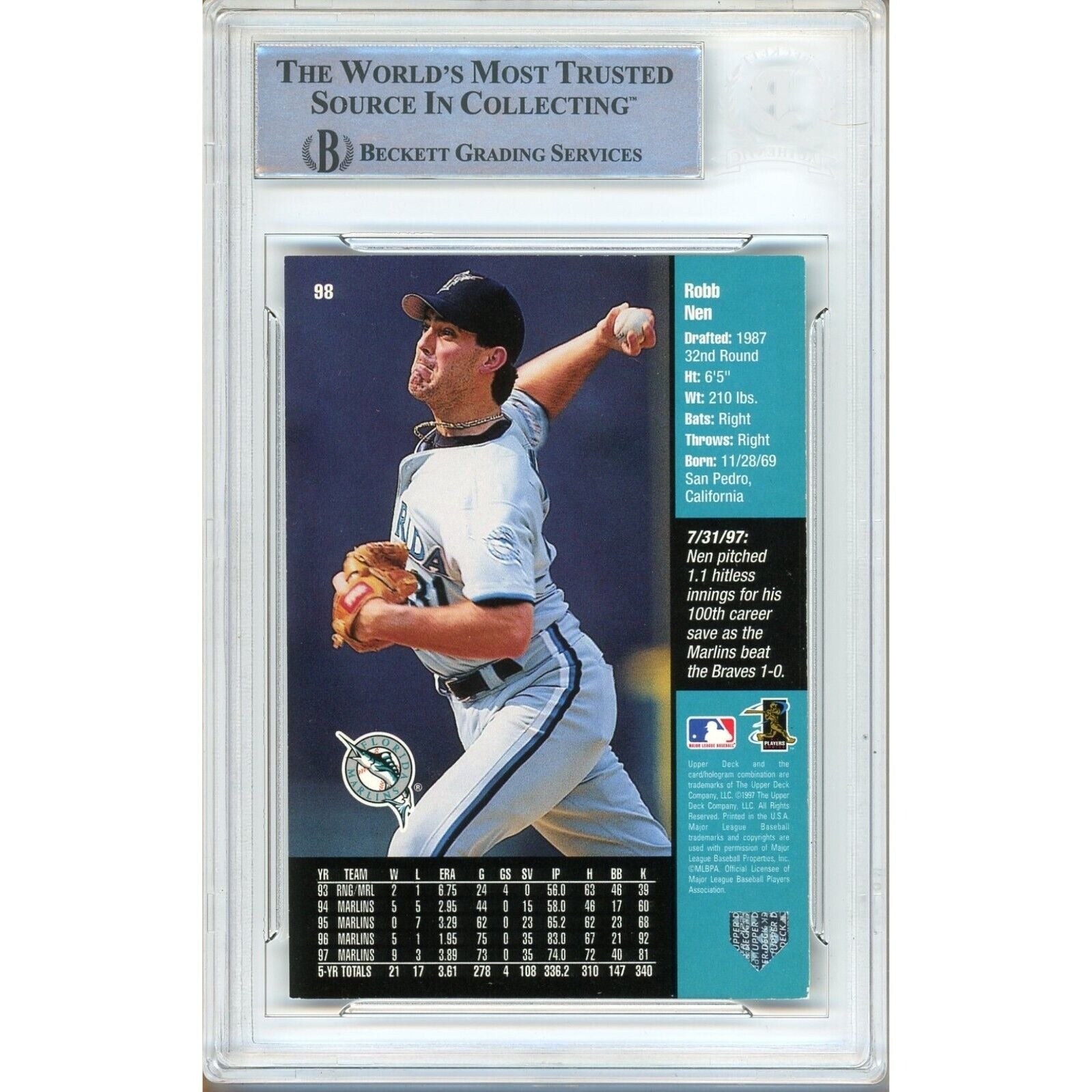 Robb Nen Florida Marlins signed trading card – signature close-up – Beckett COA