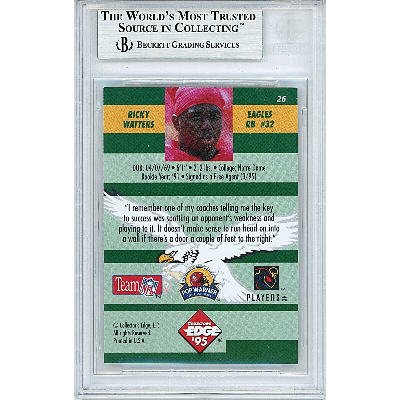 Ricky Watters San Francisco 49Ers signed trading card – signature close-up – Beckett COA