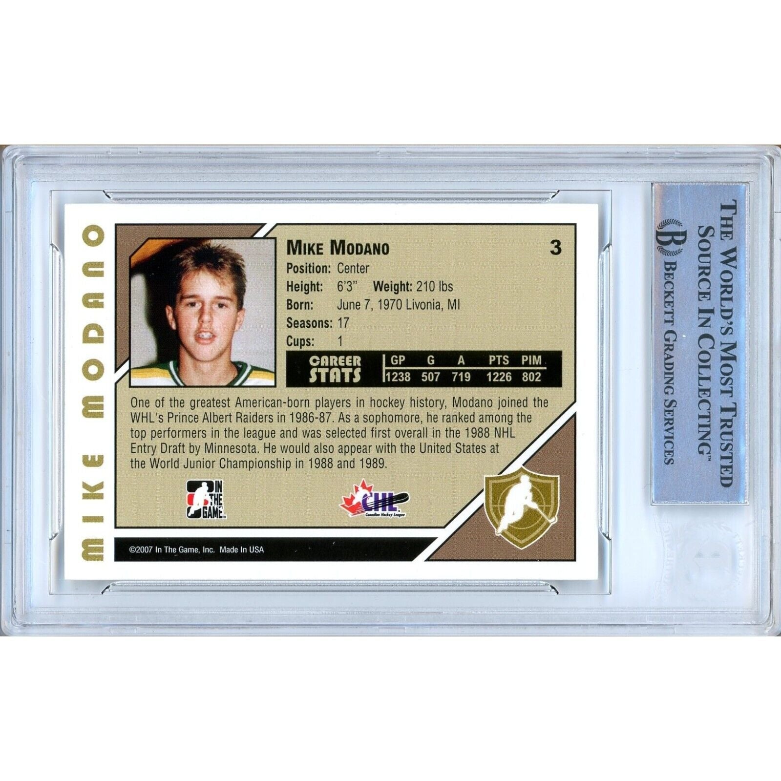 Mike Modano Dallas Stars auto trading card – authentication sticker – Beckett COA