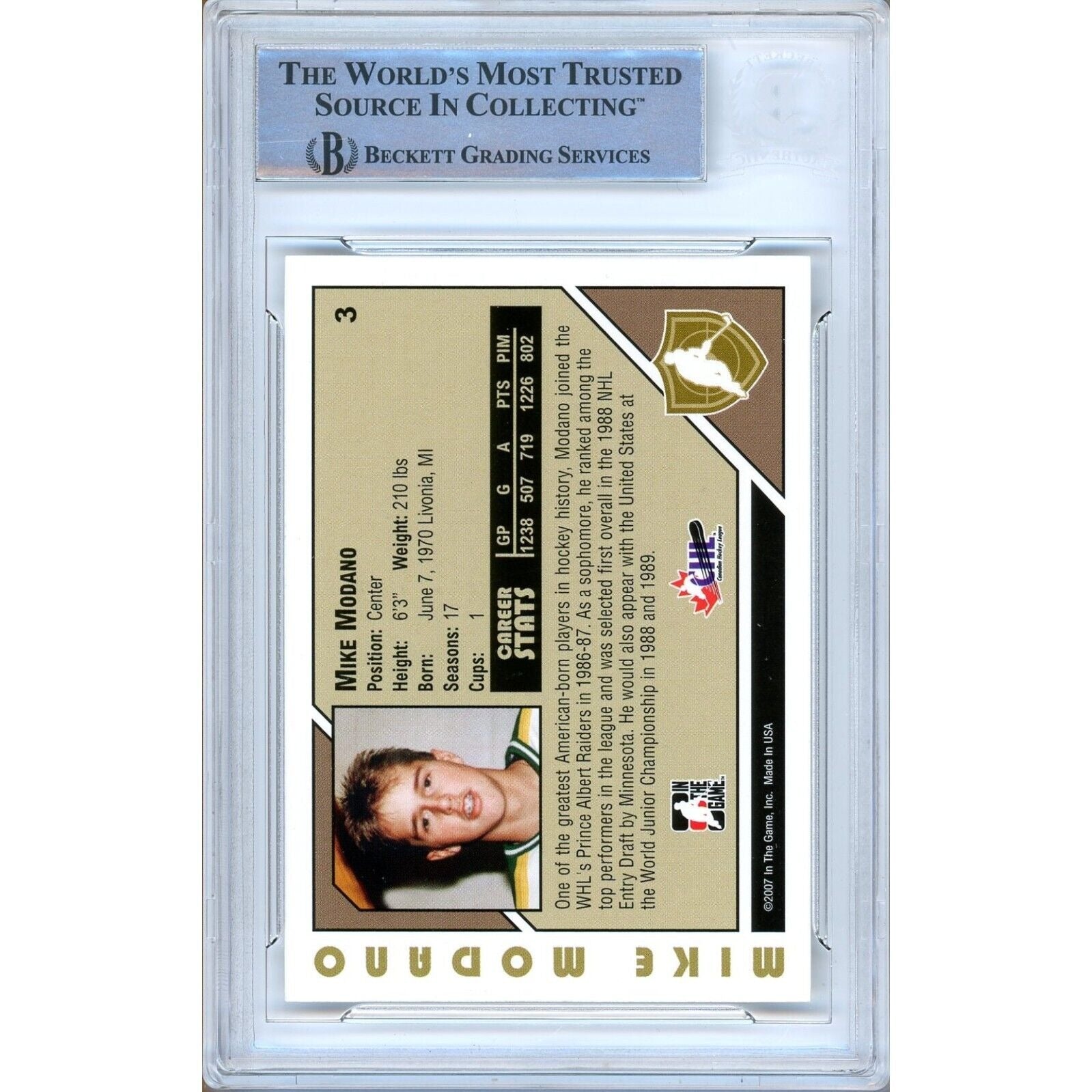 Mike Modano Dallas Stars trading card autograph – angled display – Beckett COA