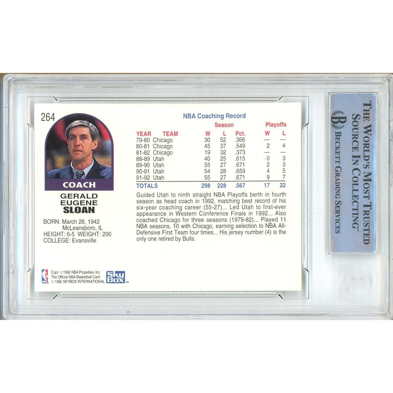 1992-93 Hoops Jerry Sloan Utah Jazz Signed Trading Card – Beckett BAS