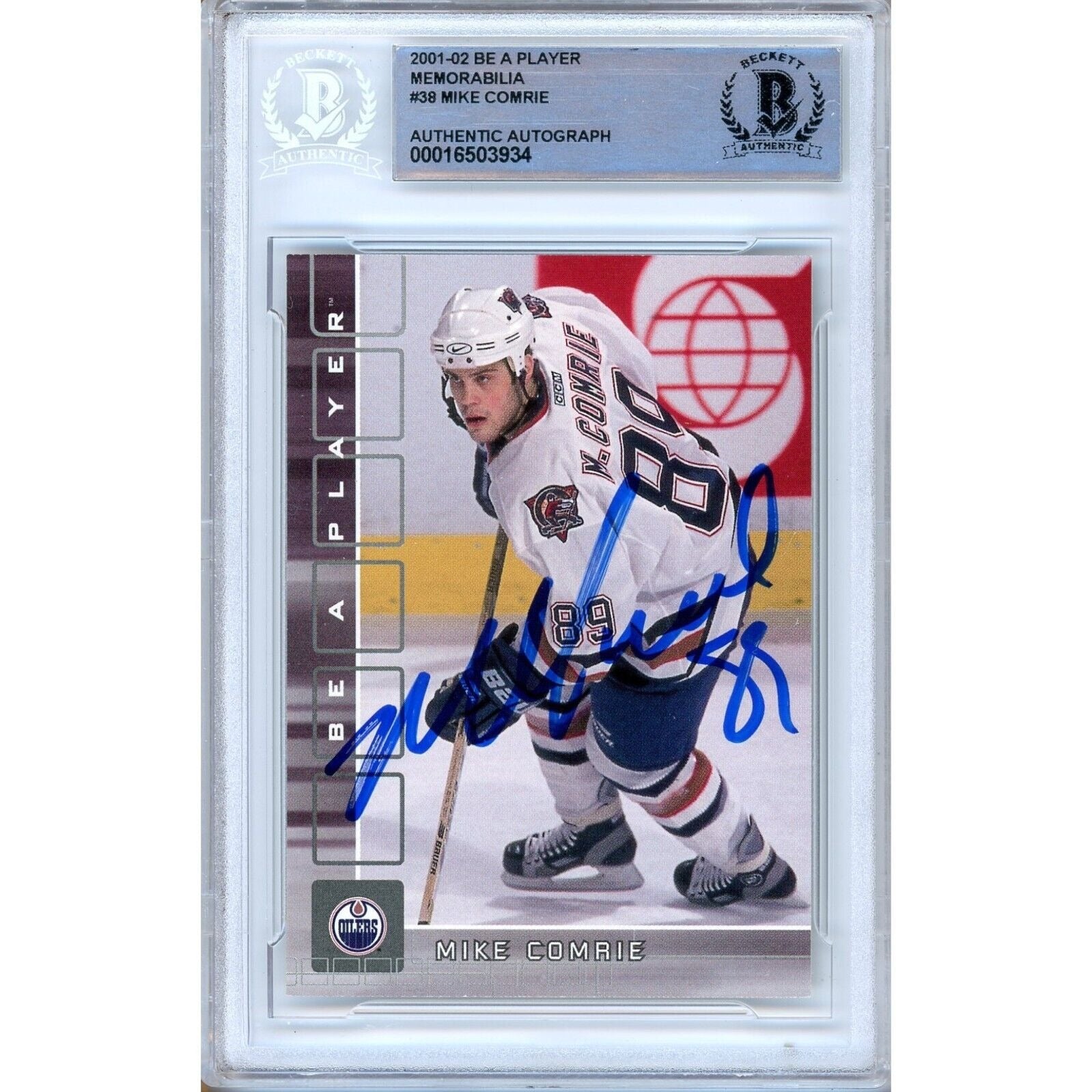 Mike Comrie Edmonton Oilers autographed trading card – full view – Beckett COA
