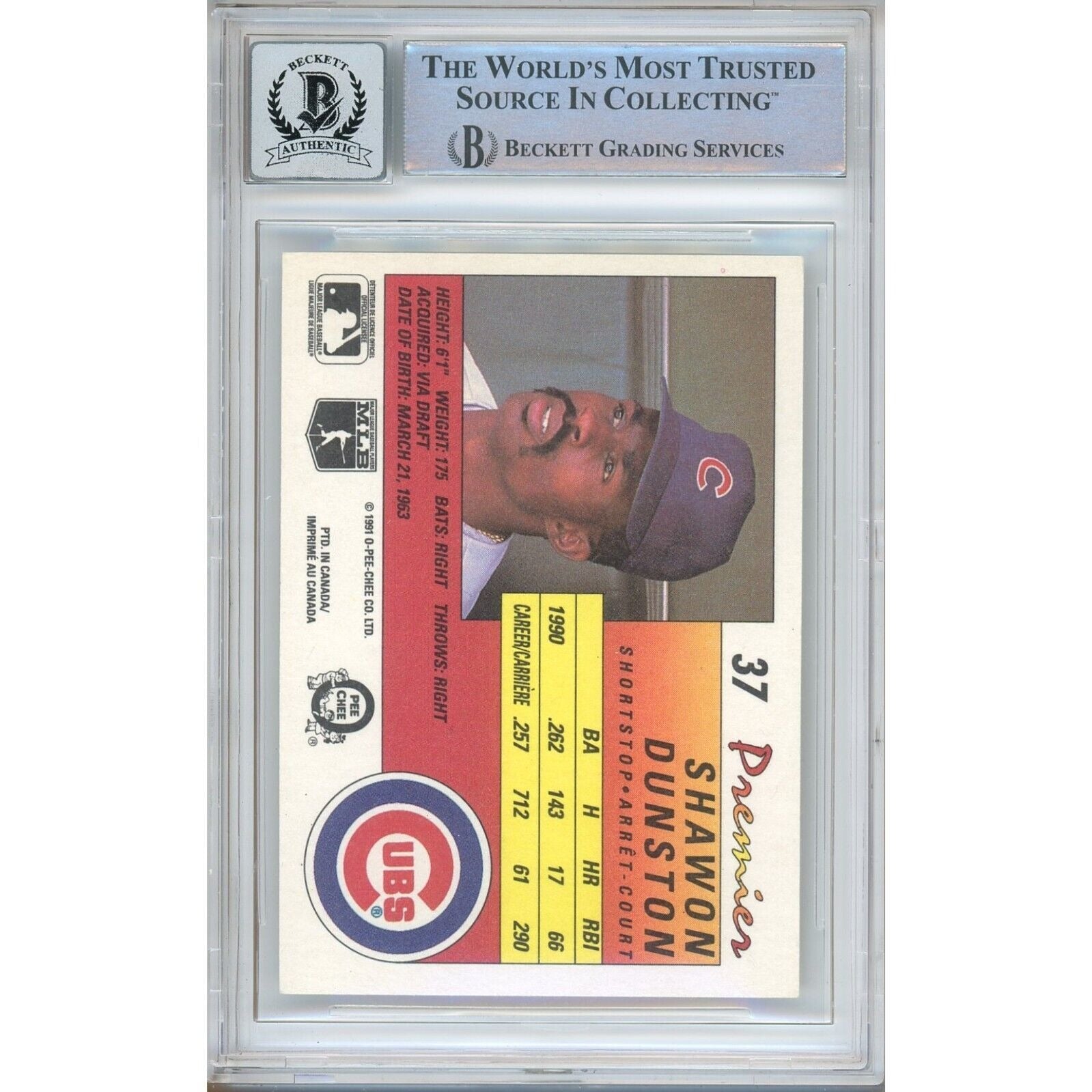 Shawon Dunston Chicago Cubs auto trading card – authentication sticker – Beckett COA