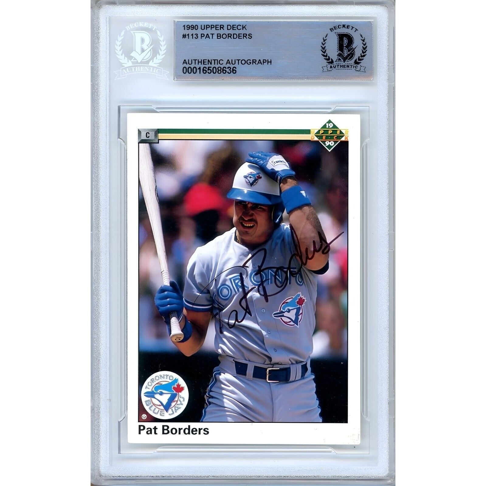 Pat Borders Toronto Blue Jays autographed trading card – full view – Beckett COA