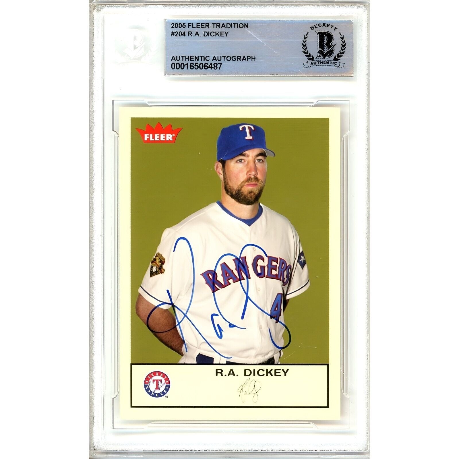 R.A. Dickey Texas Rangers autographed trading card – full view – Beckett COA