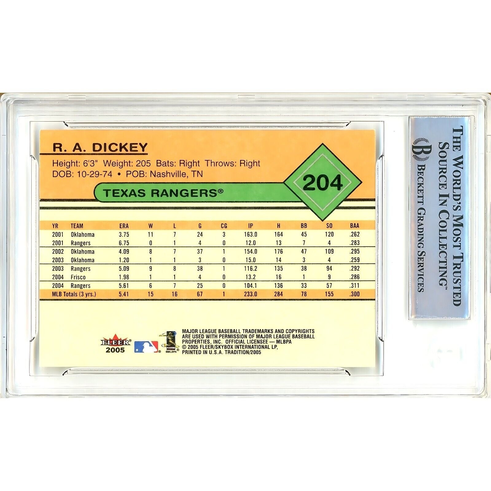 R.A. Dickey Texas Rangers signed trading card – signature close-up – Beckett COA