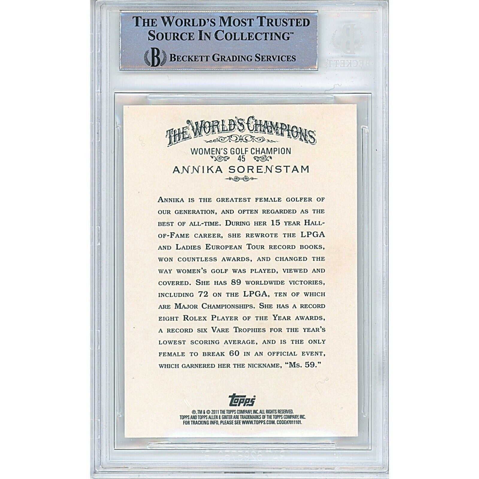 2011 Topps #45 Annika Sorenstam Golf Signed Trading Card – Beckett BAS