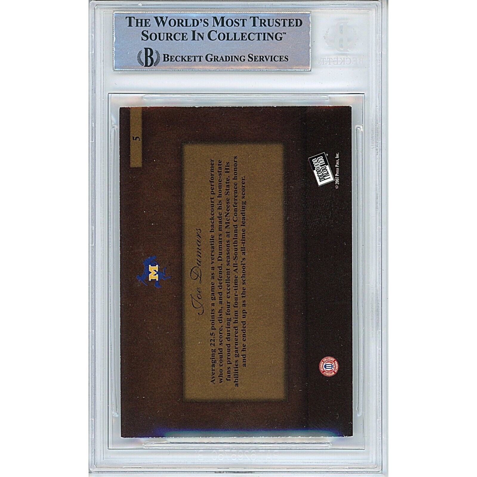 2007 Joe Dumars Auto Trading Card – Beckett BAS