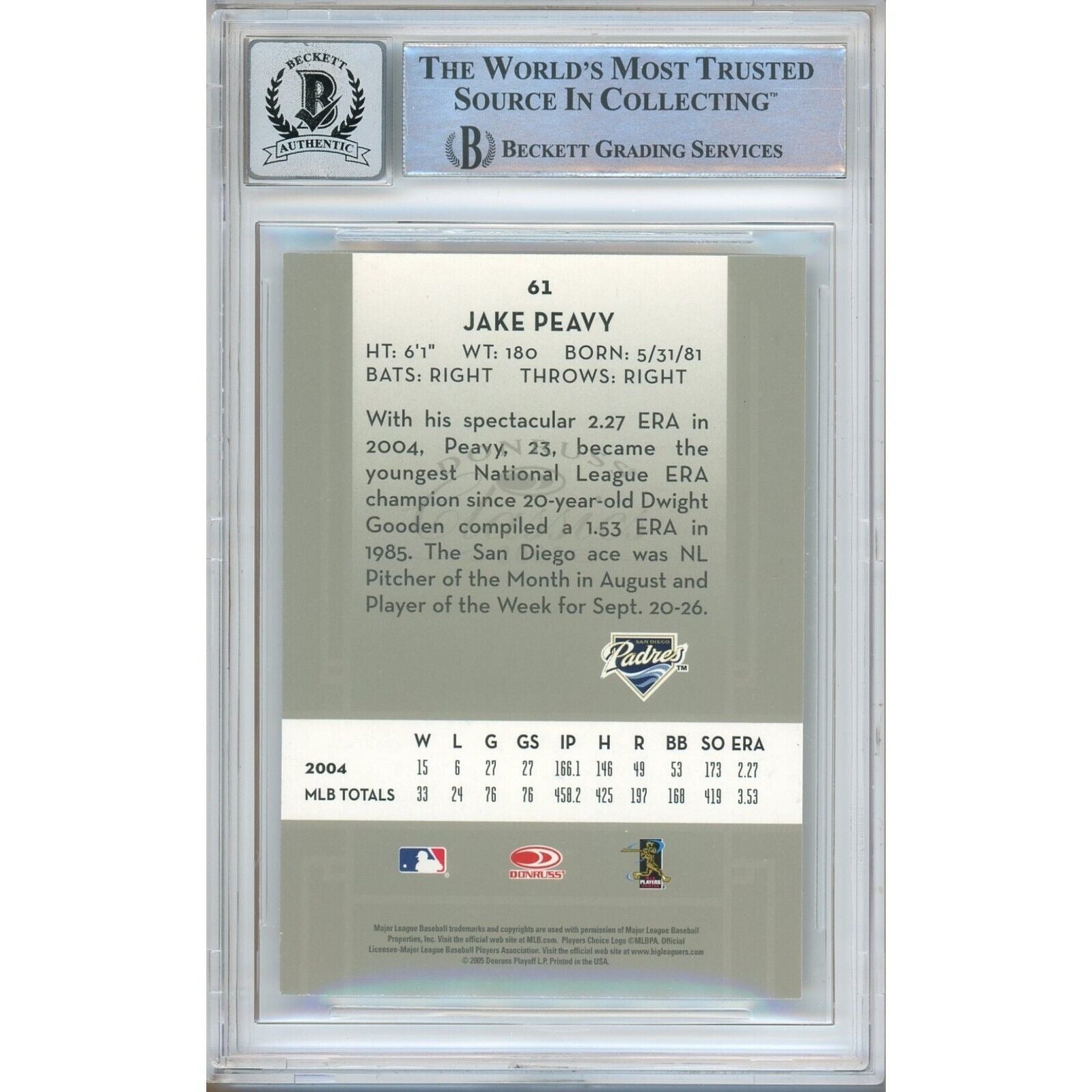 Jake Peavy San Diego Padres signed trading card – signature close-up – Beckett COA