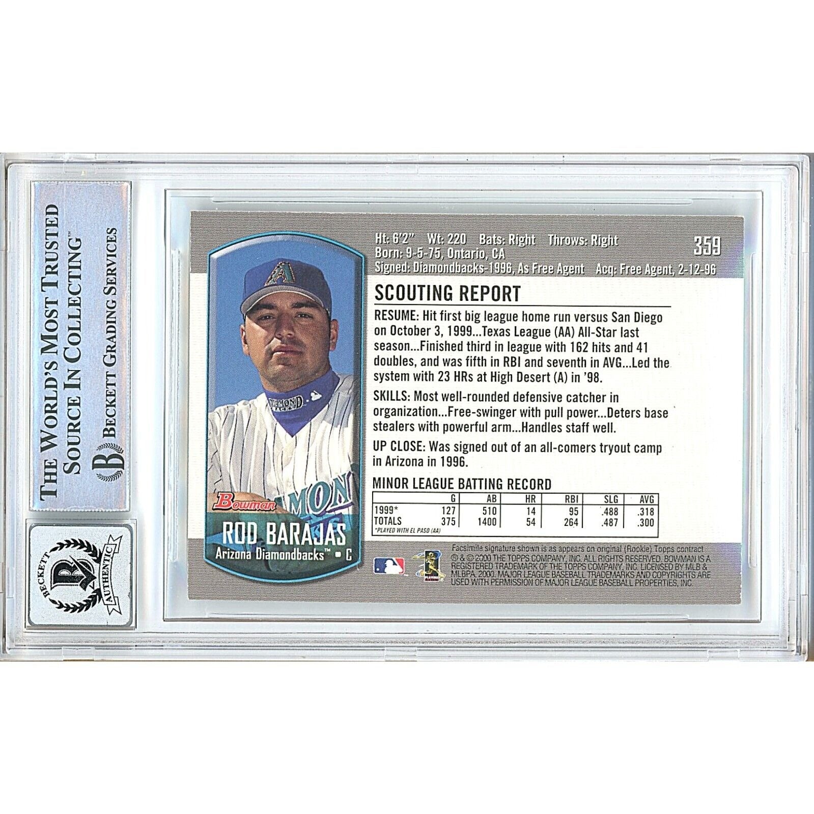 Rod Barajas Az Diamondbacks signed trading card – signature close-up – Beckett COA