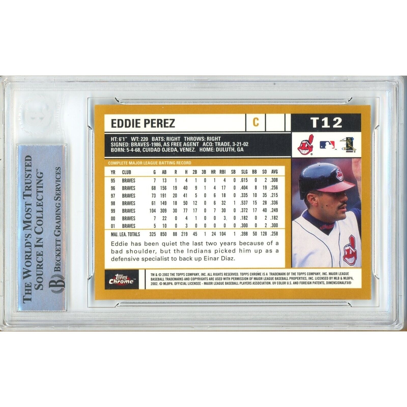 Eddie Perez Cleveland Indians auto trading card – authentication sticker – Beckett COA