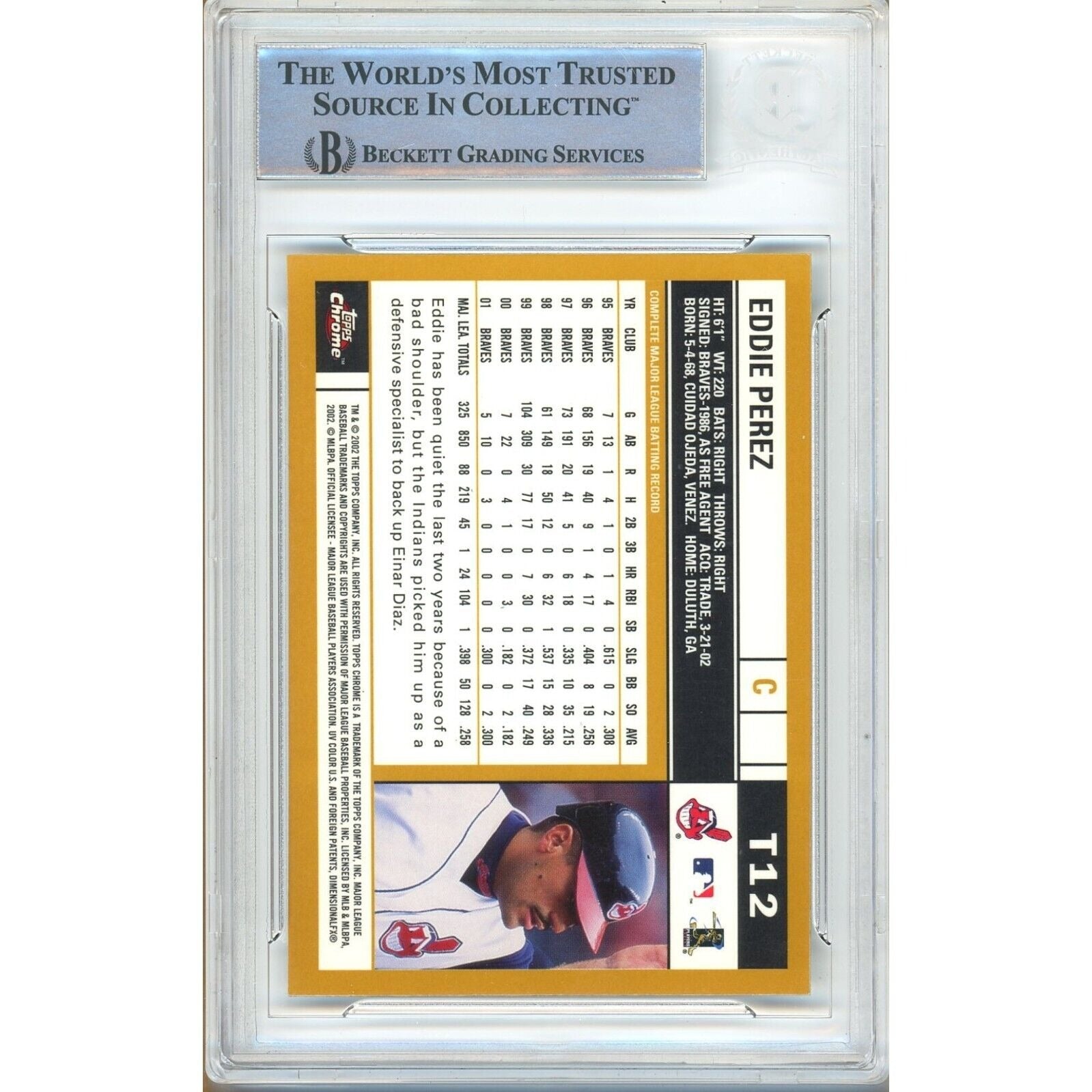 Eddie Perez Cleveland Indians trading card autograph – angled display – Beckett COA