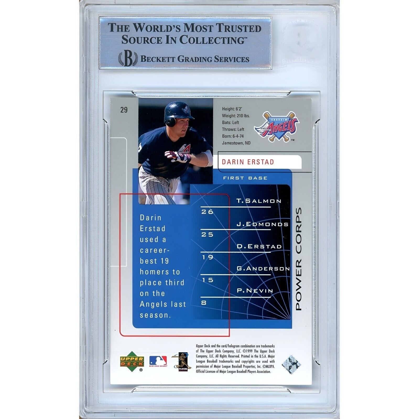 1999 Upper Deck #29 Darin Erstad LA Angels Signed Trading Card – Beckett BAS
