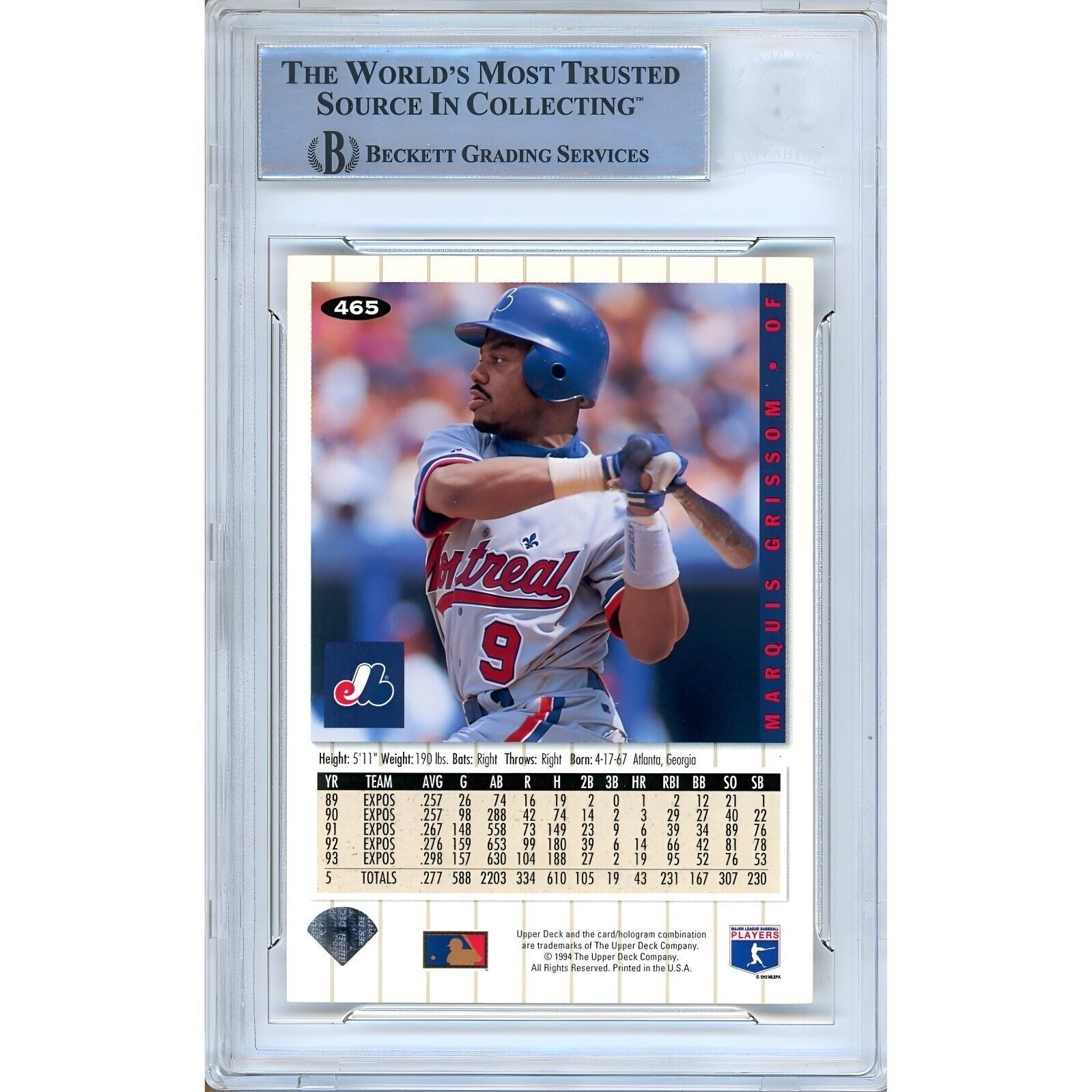 Marquis Grissom Montreal Expos auto trading card – authentication sticker – Beckett COA