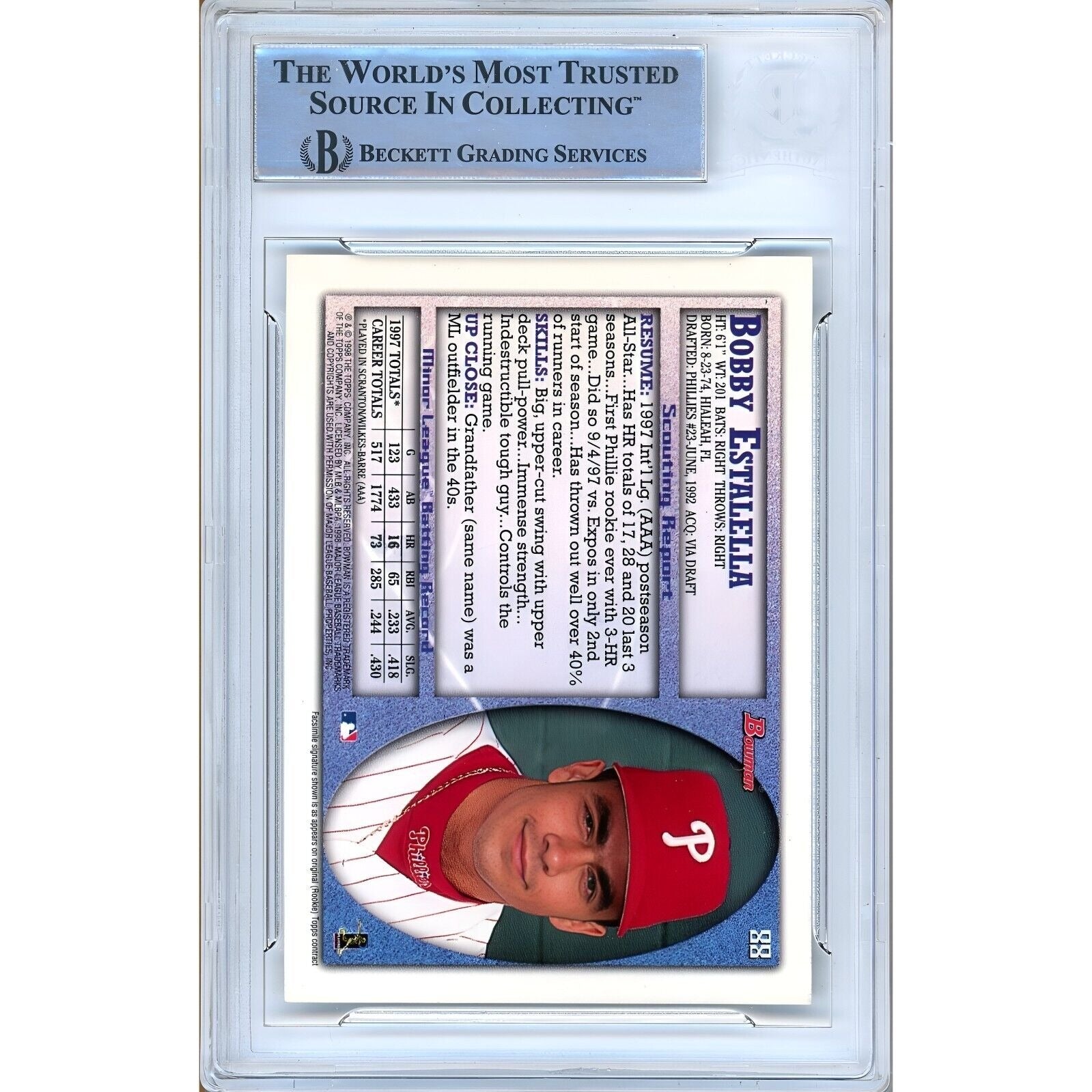 1998 Bowman Bobby Estalella Phillies Autograph Trading Card – Beckett BAS