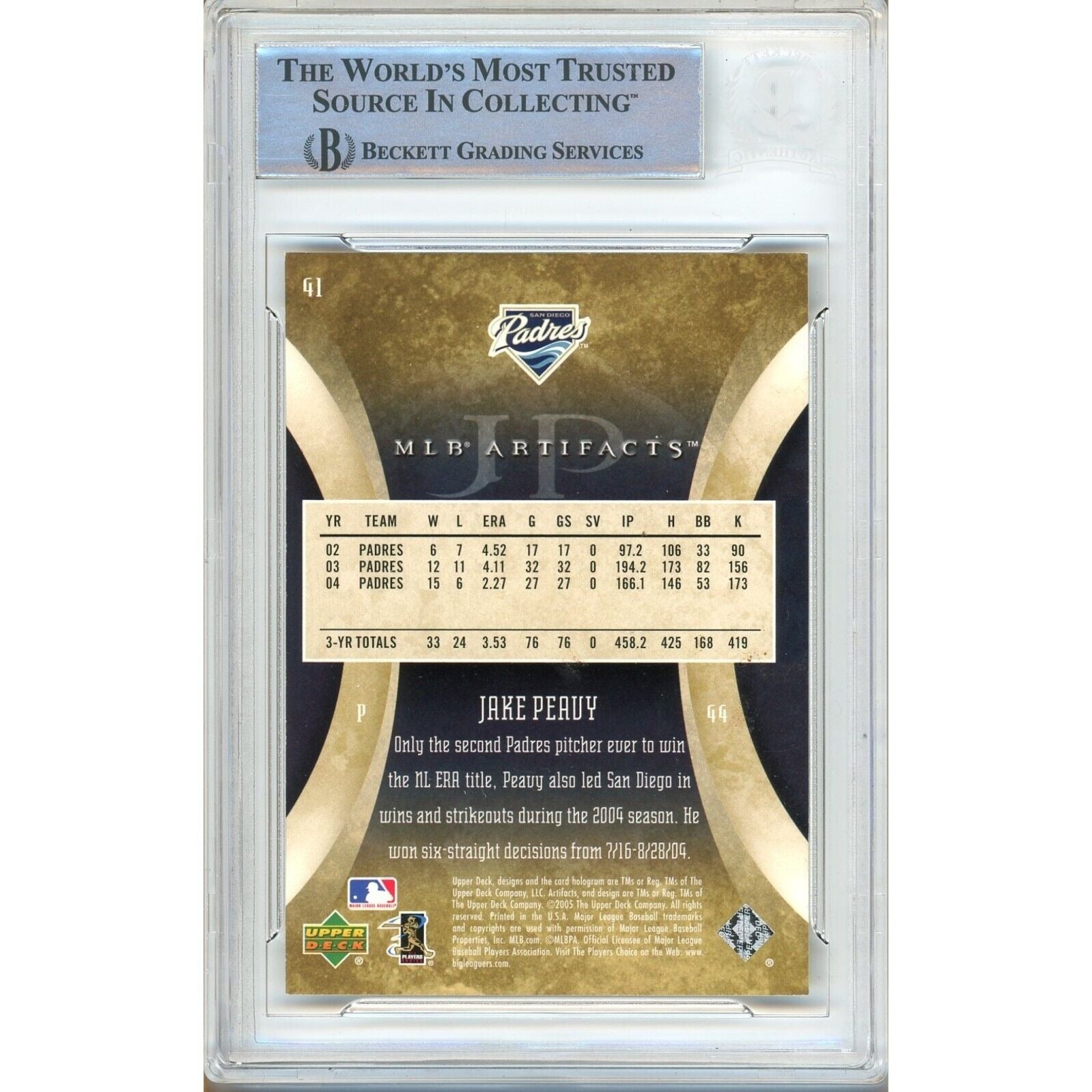 Jake Peavy San Diego Padres signed trading card – signature close-up – Beckett COA