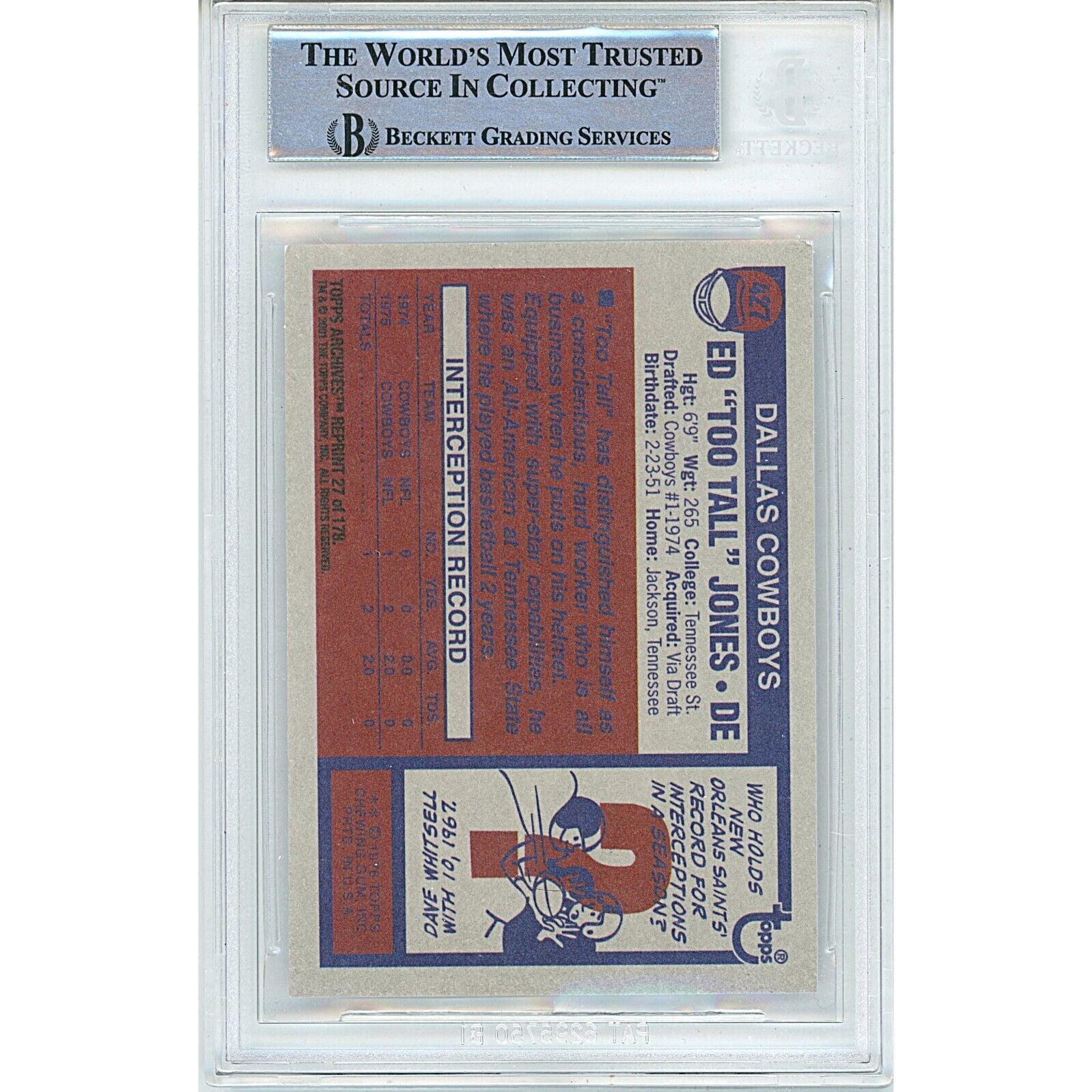 Ed Too Tall Jones Dallas Cowboys auto trading card – authentication sticker – Beckett COA