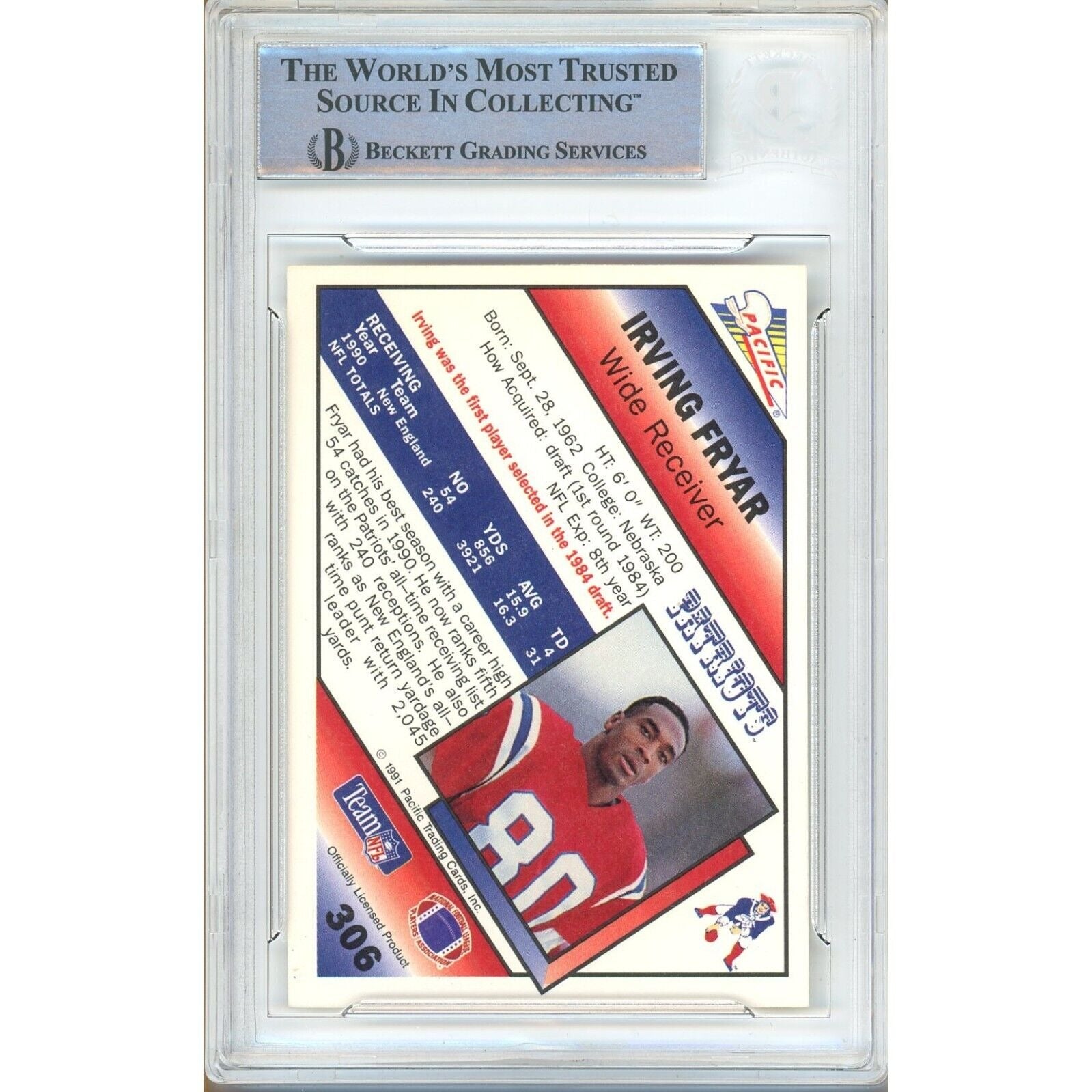 Irving Fryar New England Patriots auto trading card – authentication sticker – Beckett COA