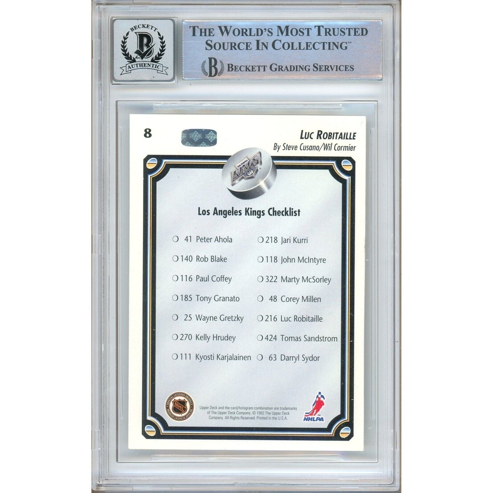 1992 Upper Deck #8 Luc Robitaille Los Angeles Kings Signed Trading Card – Beckett BAS.