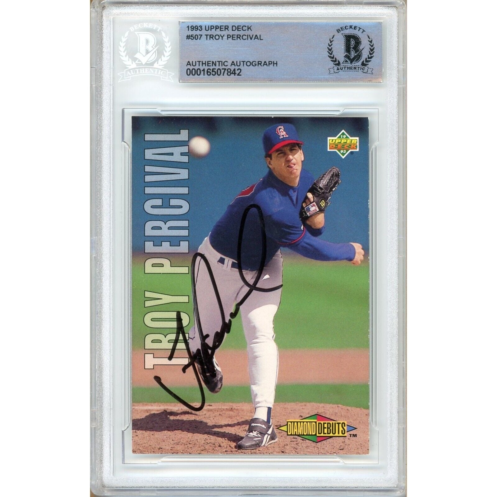 Troy Percival La Angels autographed trading card – full view – Beckett COA