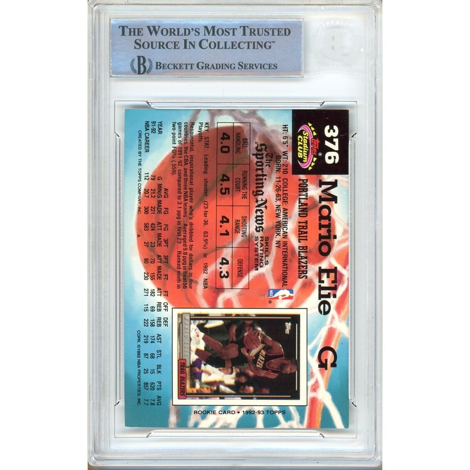 Mario Elie Portland Trail Blazers auto trading card – authentication sticker – Beckett COA
