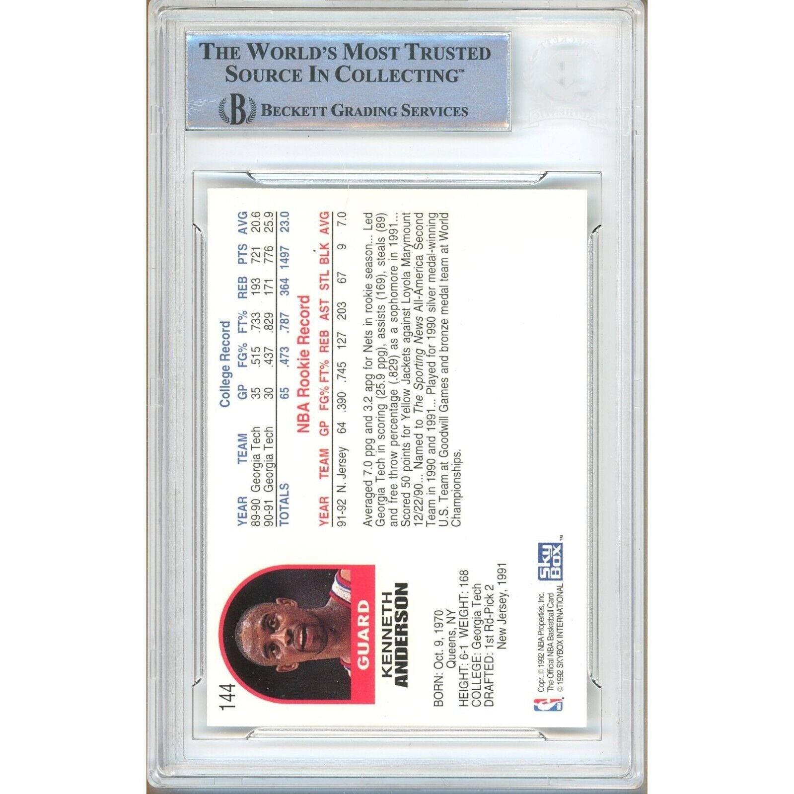 1992 NBA Hoops #144 Kenny Anderson Autograph Trading Card – Beckett BAS.