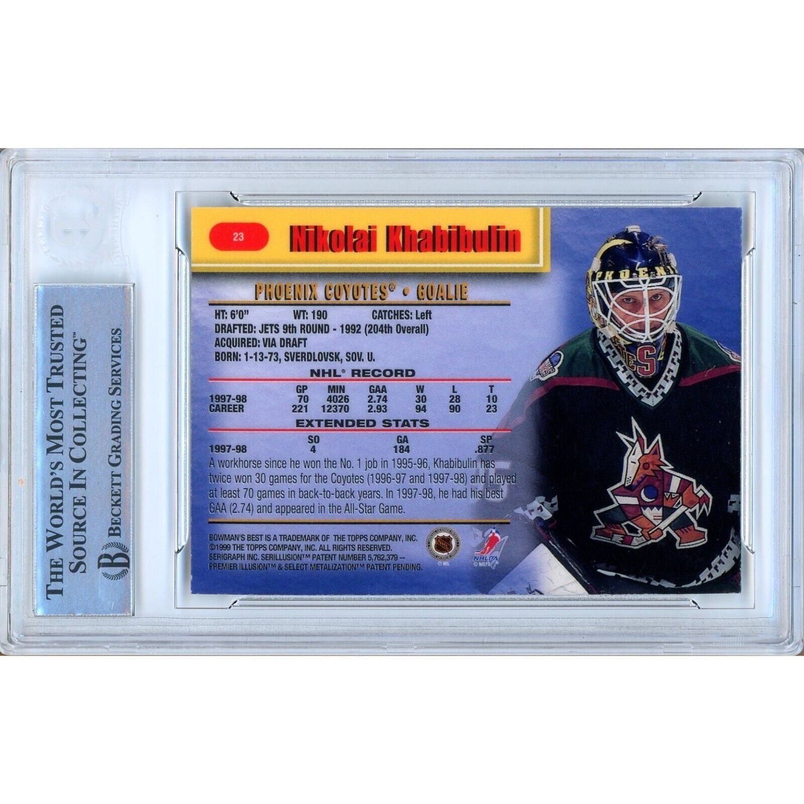 Nikolai Khabibulin Arizona Coyotes signed trading card – signature close-up – Beckett COA