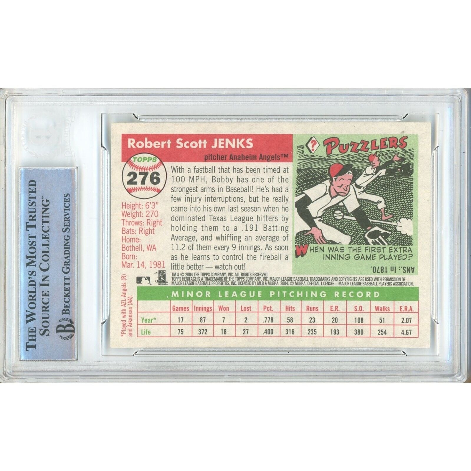 2004 Topps #276 Bobby Jenks LA Angels Autograph Trading Card – Beckett BAS