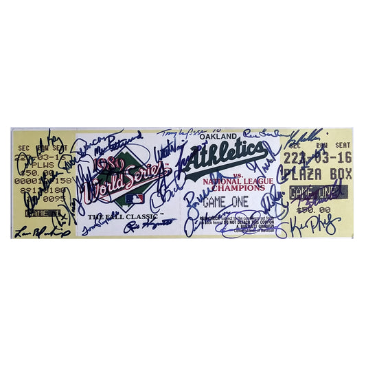 Baseballs- Autographed- 1989 Oakland Athletics A's Team Signed Autographed World Series Mini Mega Ticket Beckett BAS Authentication 101