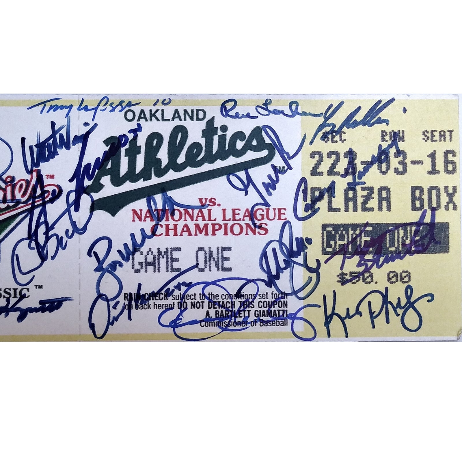 1989 Oakland Athletics baseball autograph – angled display – Beckett COA