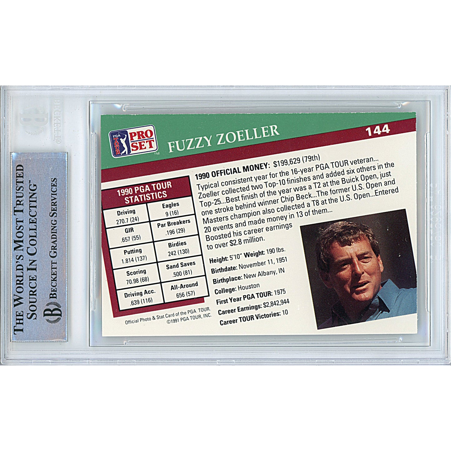 Golf- Autographed- Fuzzy Zoeller Signed 1991 PGA Tour Pro Set Golf Trading Card Beckett Slabbed 102a