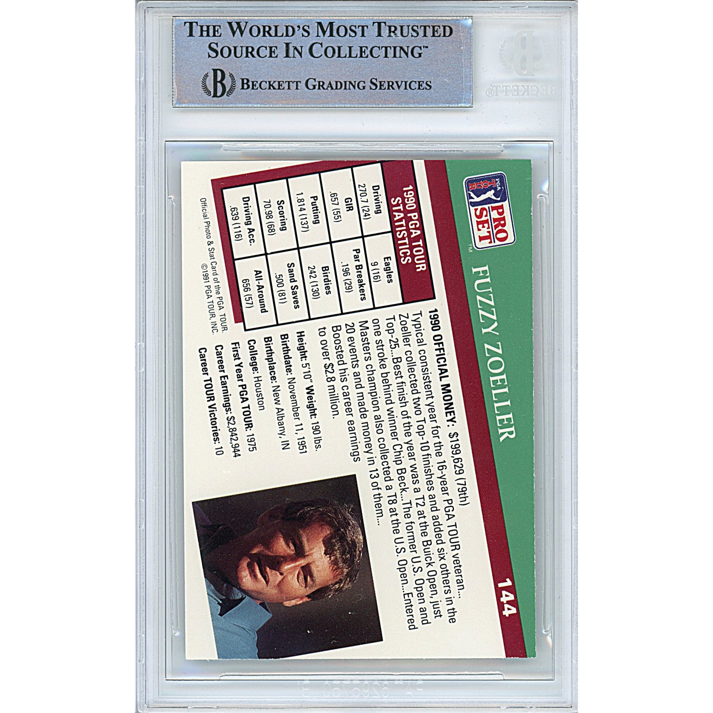 Golf- Autographed- Fuzzy Zoeller Signed 1991 PGA Tour Pro Set Golf Trading Card Beckett Slabbed 103a