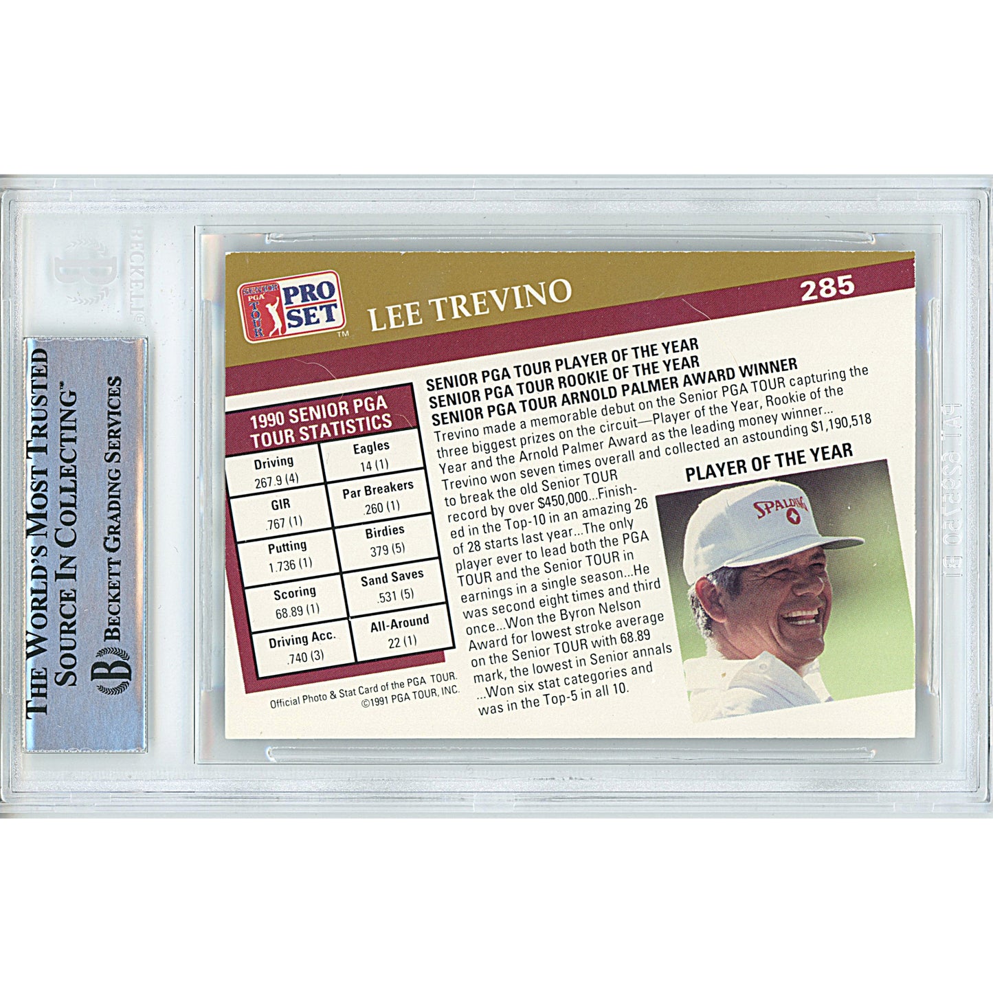 Golf- Autographed- Lee Trevino Signed 1991 PGA Pro Set Player of the Year Golf Card Beckett Slabbed 00014998058 -102