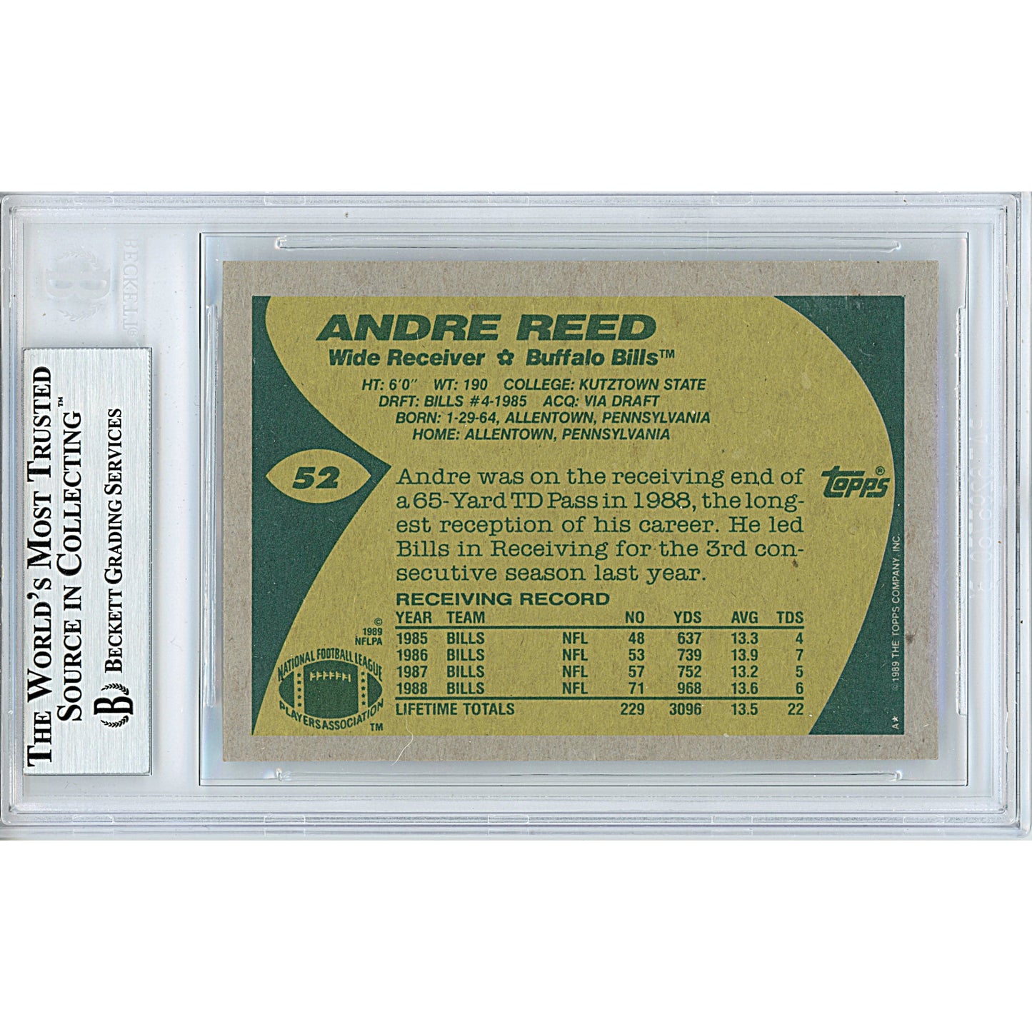 Footballs- Autographed- Andre Reed Signed 1989 Topps Football Trading Card Buffalo Bills Beckett BAS Slabbed 00013695124 - 102