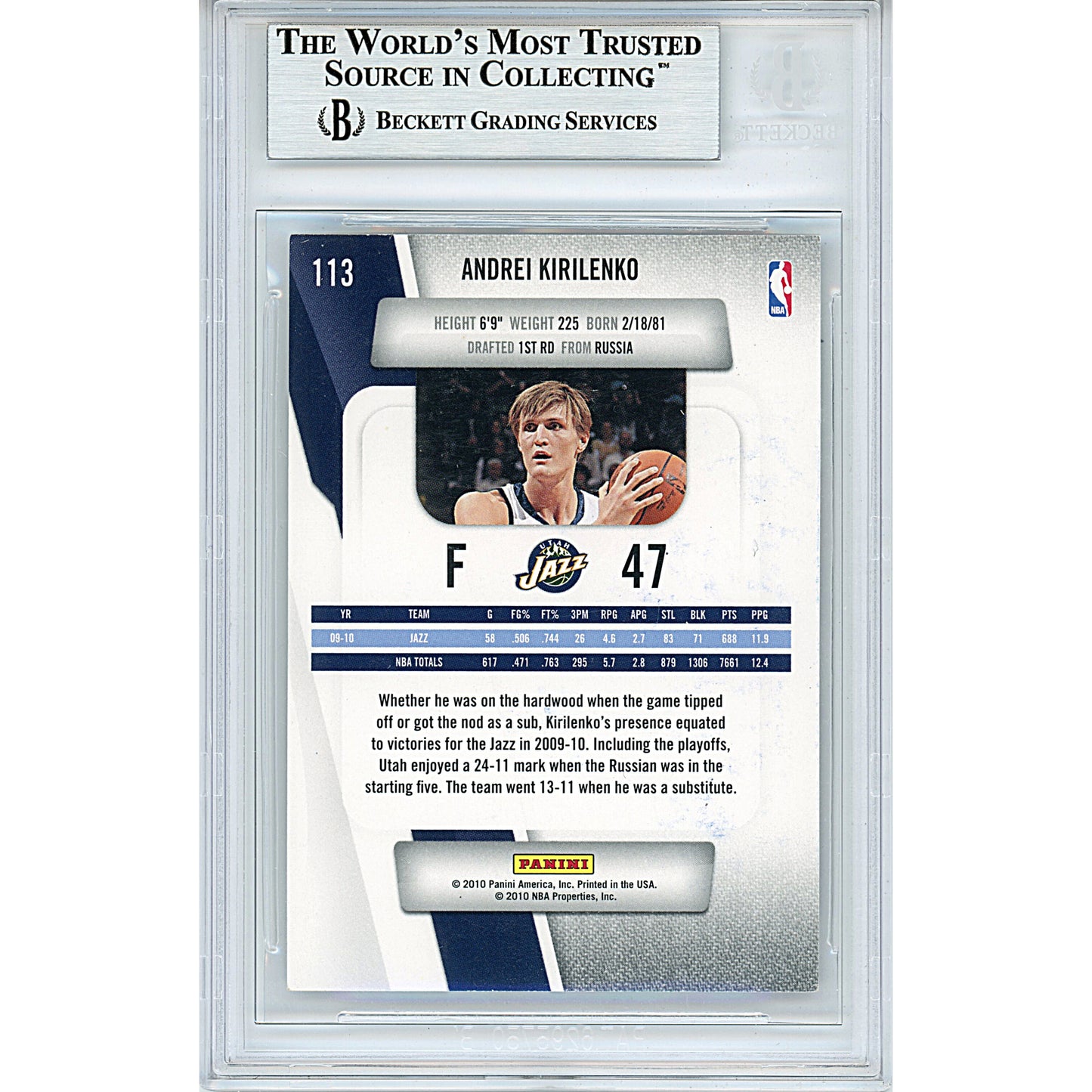 Basketballs- Autographed- Andrei Kirilenko Signed Utah Jazz 2010-2011 Panini Prestige Basketball Trading Card Beckett BAS Slabbed 00013694875 - 102