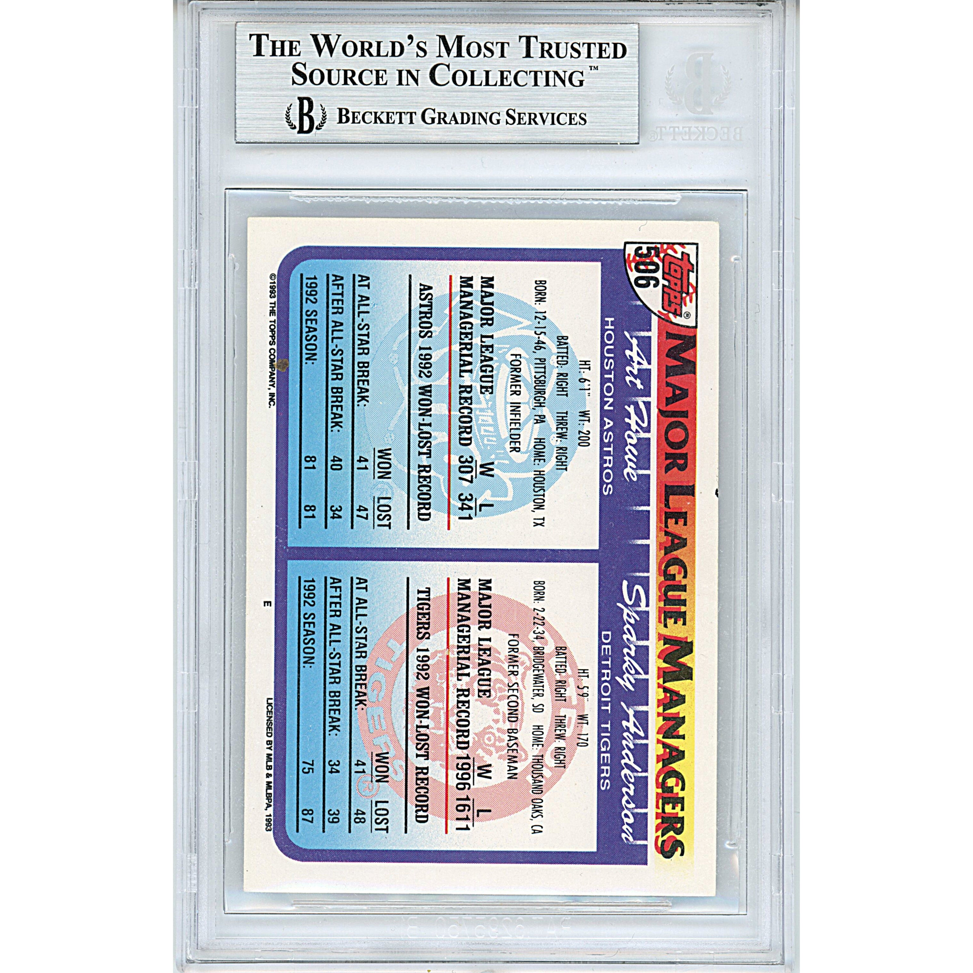 1993 Topps #506 Art Howe And Sparky Anderson Auto Trading Card – Beckett BAS