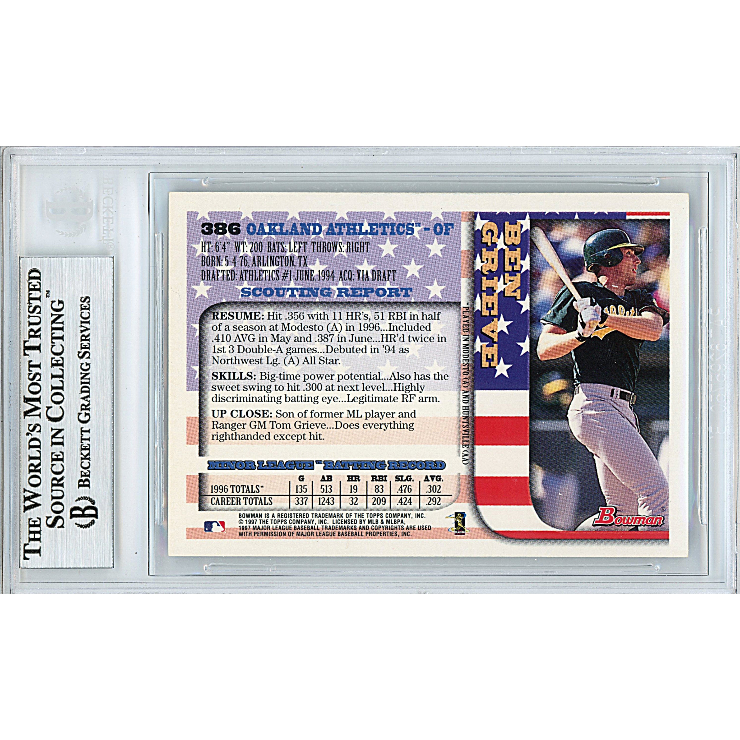 1997 Bowman Ben Grieve Signed Trading Card – Beckett BAS