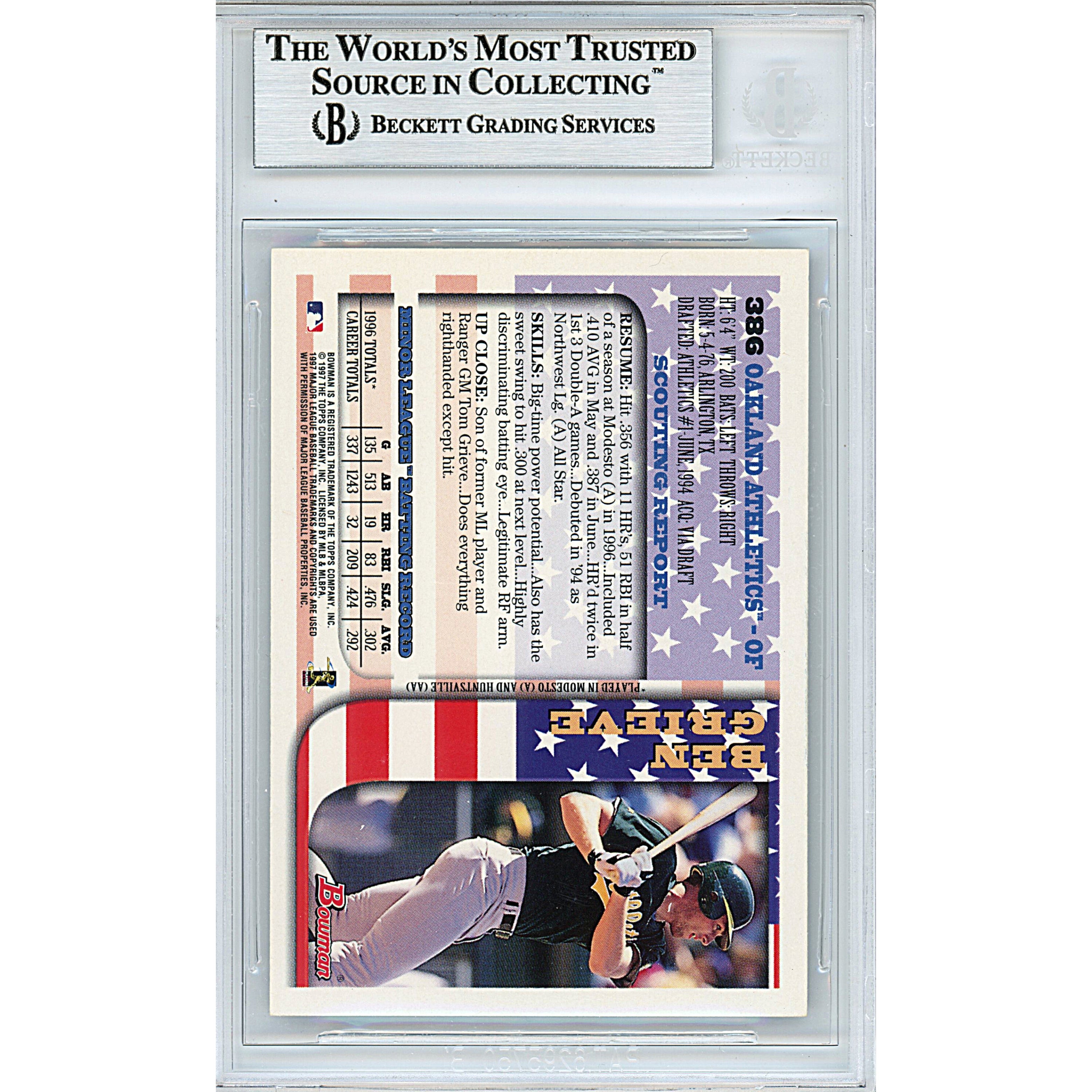 1997 Bowman Ben Grieve Autograph Trading Card – Beckett BAS