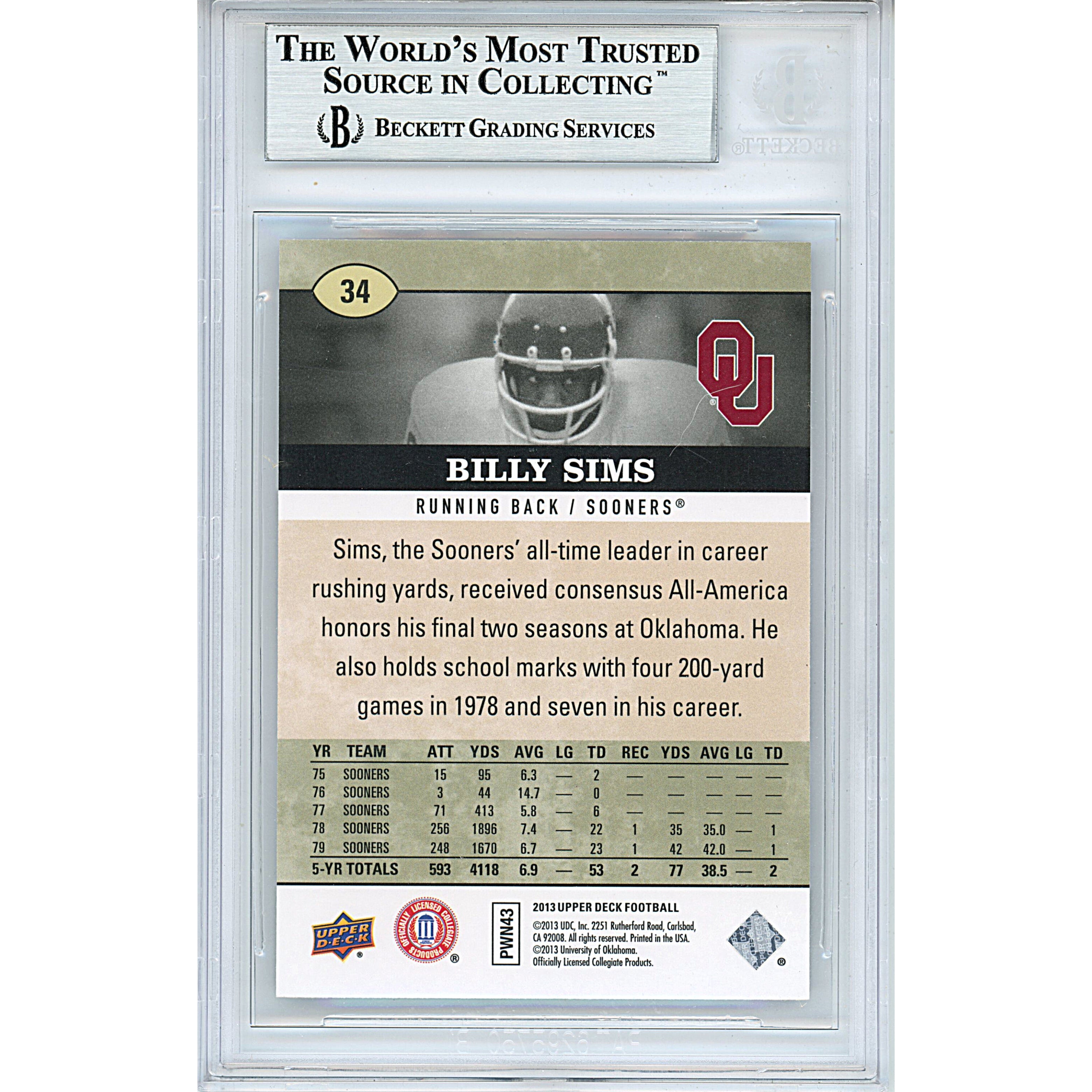 2013 Upper Deck #1 Billy Sims Signed Trading Card – Beckett BAS