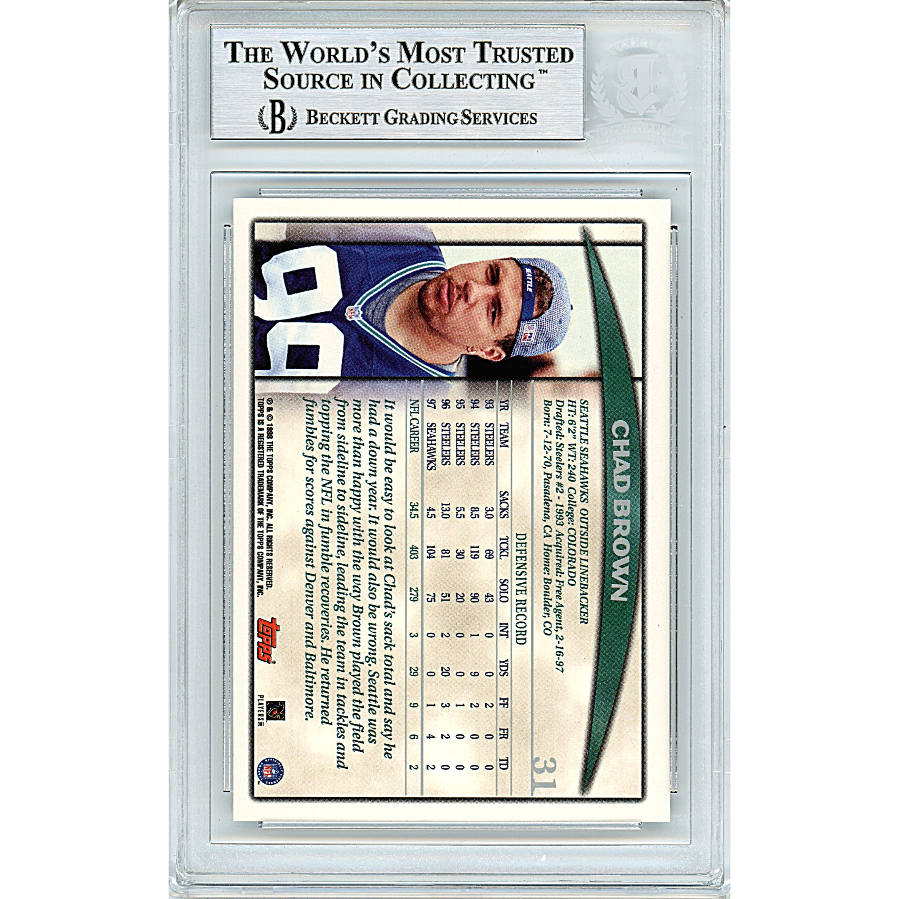 1998 Topps #31 Chad Brown Autograph Trading Card – Beckett BAS