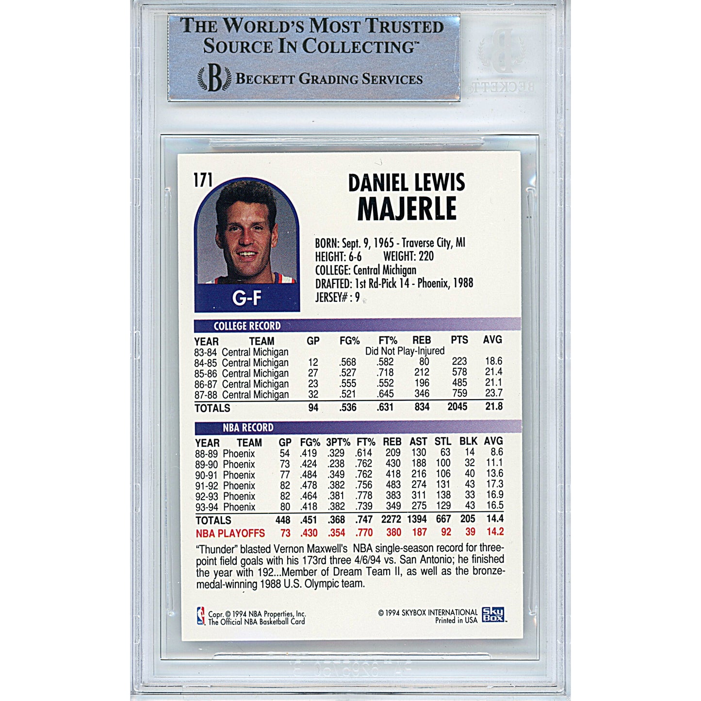 Basketballs- Autographed- Dan Majerle Signed Phoenix Suns 1994-1995 NBA Hoops Basketball Card Beckett Authentic Slabbed 00014390755 - 102