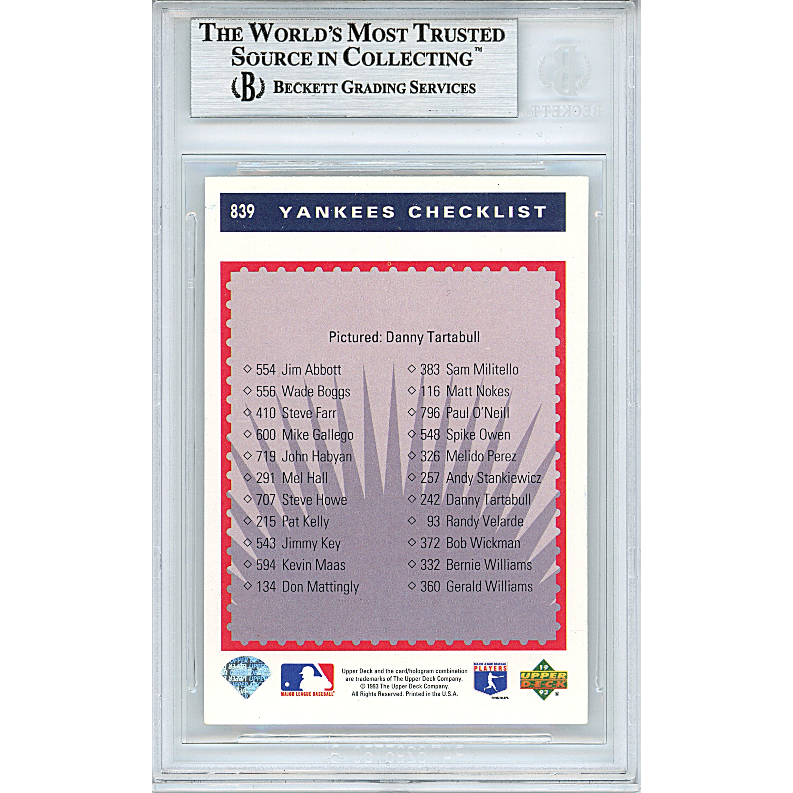 1993 Upper Deck Danny Tartabull Autograph Trading Card – Beckett BAS