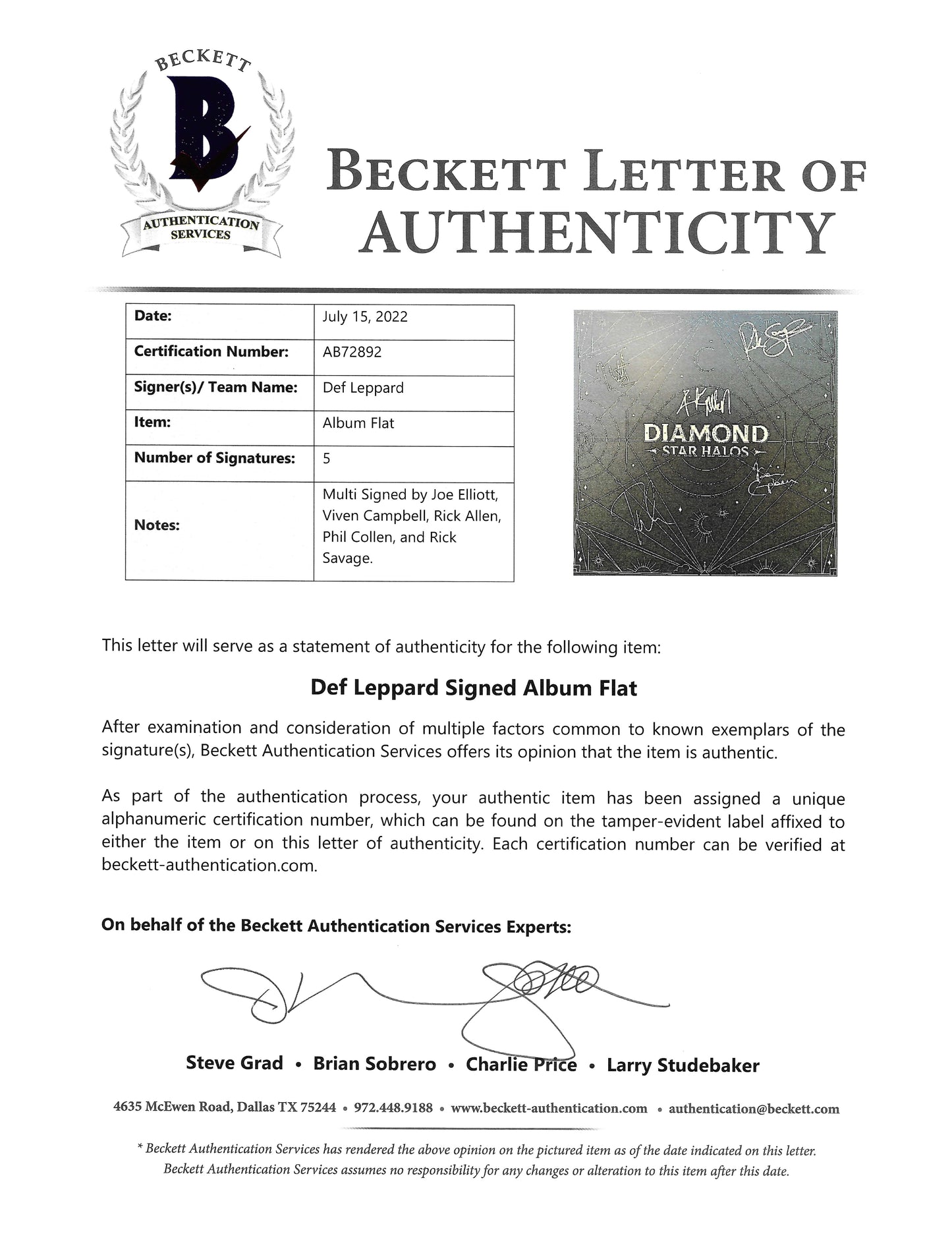 Music- Autographed- Def Leppard Signed Diamond Star Halos Vinyl Record 12x12 Album Flat Beckett Certified Authentication LOA 3